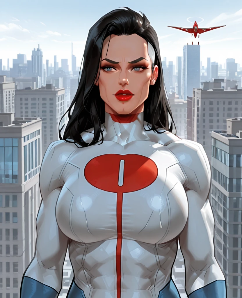 Omni-Man / Nolan Grayson - Invincible , women's body, layer , long hair , red lipstick, flying, background buildings , vestida de Omni-Man