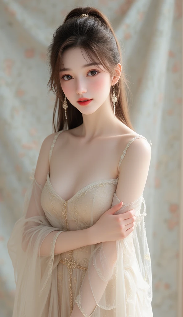 (16K, RAW Photos, Highest quality, masterpiece:1.5), (Realistic, photo-Realistic:1.37), Ultra-high resolution, Depth of written boundary, chromatic aberration, Caustics, Wide lighting, Natural Shading,Super detailed,Wedding dress,One girl, View your viewers, Nipples, smile, belly button, clavicle, Exposing shoulders, Cleavage, Thighs, whole body, Outdoor, Are standing, (No sleeve:1.2), (bare hands, barefoot:1.5), (Super detailedな輝く特徴的な衣装:1.5), small diamond earrings, small diamond necklace, (Super detailedな輝く油性肌:1.5), Professional photography, Cinema Lighting, (Super detailedな美しい顔:1.10), (Super detailedな美しいスリムボディ:1.9), (Super detailedな左右対称の茶色の目, Eyelashes, double eyelid, Beautiful Eyes:1.8)), ((Super detailedな美しい唇, Lip gloss, Super detailedな美しい肌:1.7)), ((Long ponytail, Asymmetrical bangs, Super detailedで美しい茶髪:1.6), (Perfect Anatomy:1.10)), Beautiful Japanese female idols,