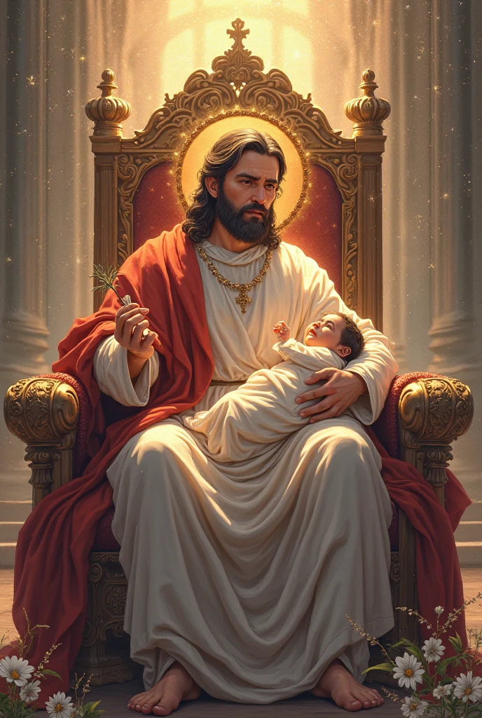 (photorealism:1.2), handsome Jesus Christ and virgin Mary carrying handsome baby Jesus in the throne, perfect real images, wearing the aqua blue color of palace clothes and crown with  light in their head and their heart spreading all over in the palace, perfect Jesus Christ, perfect virgin Mary, perfect baby Jesus, real Jesus Christ, real virgin Mary, real baby Jesus, perfect five hands, perfect  foot,perfect smiling face, elegant, soft lighting, many clouds, stand straight, realistic, intricate details, warm colors, by Earl Cornelio Necor