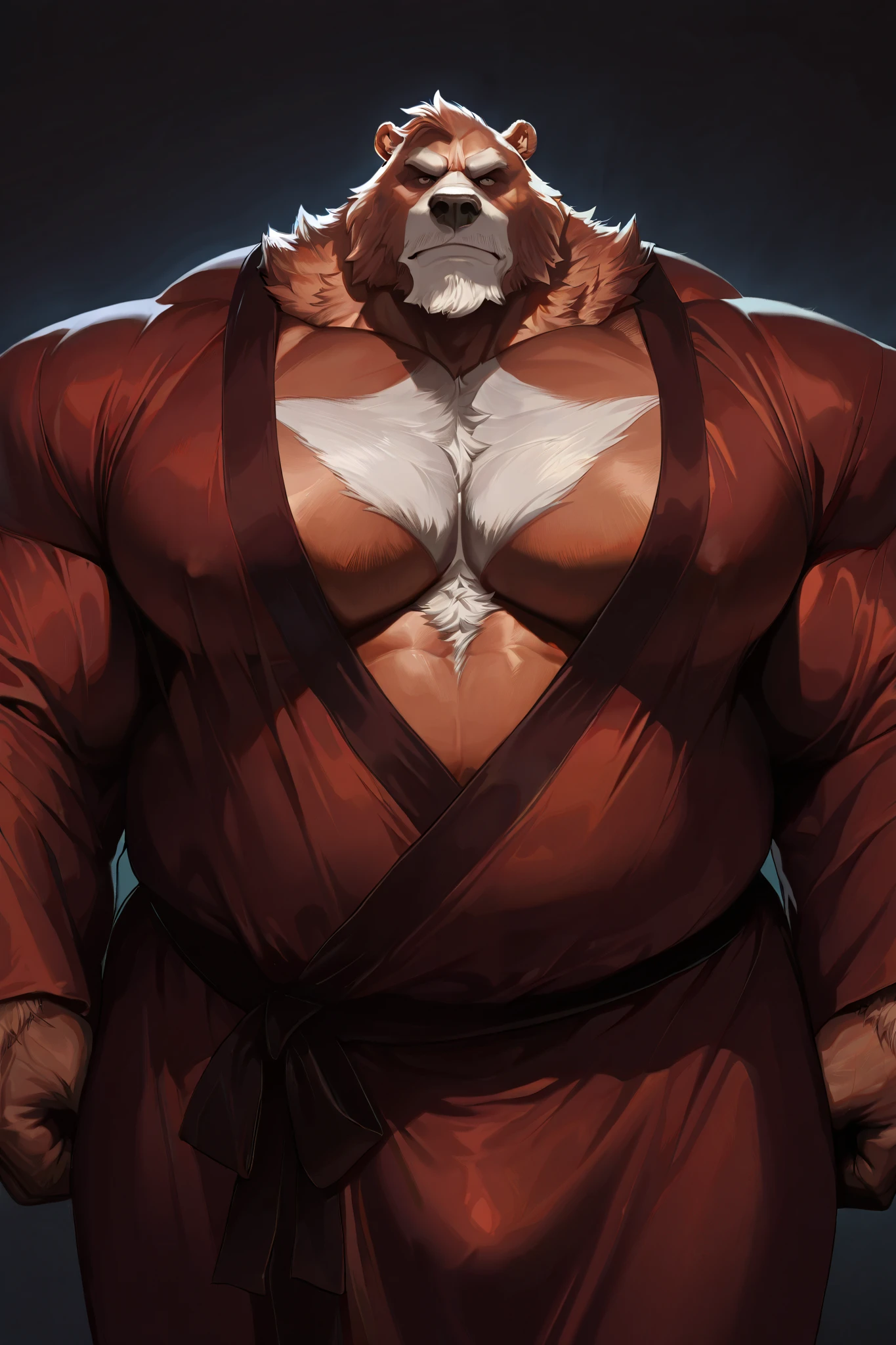 obese muscular Kodiak Bear, very huge gut, detailed pleased expression, old face, detailed eyes; wide shoulder, thick arms, wide pectoral, muscle, messy silver fur:1.2, detailed eyes, focus eyes, no clothes, cock bulging under robe; masterpiece, semirealistic:1.2, high detailed, 8k, high resolution