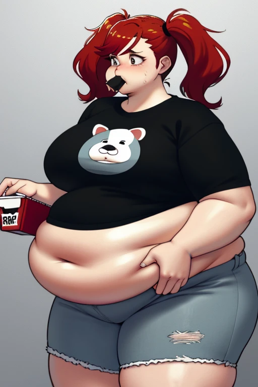 Dog eating a burger, she has a jiggly fat round belly, fat woman, bbwchan, love handles, crop top, tight clothes