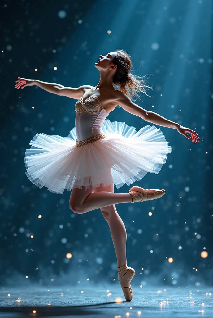 arafed woman in a white dress and ballet shoes posing for a picture, ballerina, pointe pose, ballet dancer, dressed as a ballerina, pointè pose, ballet style pose, ballet pose, tendu pose, ballet, prima ballerina, wearing a tutu, playful pose of a dancer, classic dancer striking a pose, portrait of a ballerina, anna nikonova, high quality, (RAW photo, best quality), (realistic, photorealistic: 1.4), (extremely delicate and beautiful: 1.4), amazing, fine details, masterpiece, ultra detailed, high resolution, best illustration, best shadow, intricate, ( extremely intricate: 1.2), (exquisitely detailed skin), cinematic light, perfect anatomy, (cool color: 1.4), sharp focus, 8k UHD, DSLR, (Fujifilm XT3),(iluminación cinematográfica :1.4), (partículas flotantes, agua mágica:1.4), (fondo agua lago río hielo congelado :1.4), (fondo colored glass background blue :1.4), (white smoke spiral in a black reflective waters:1.4),( Red Glitter), (SDS_Particle_Flow) ,