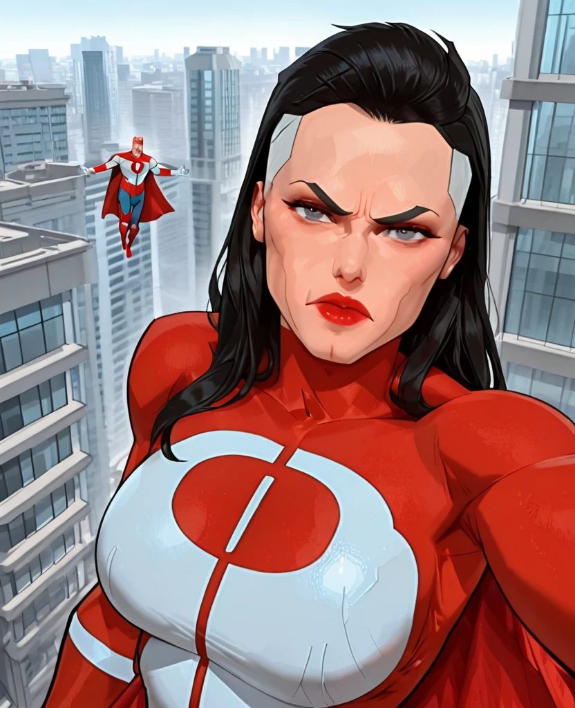 Omni-Man / Nolan Grayson - Invincible , women's body, layer , long hair , red lipstick, flying, background buildings , vestida de Omni-Man, annoyed, Selfie from above , beautiful woman's face . red cape