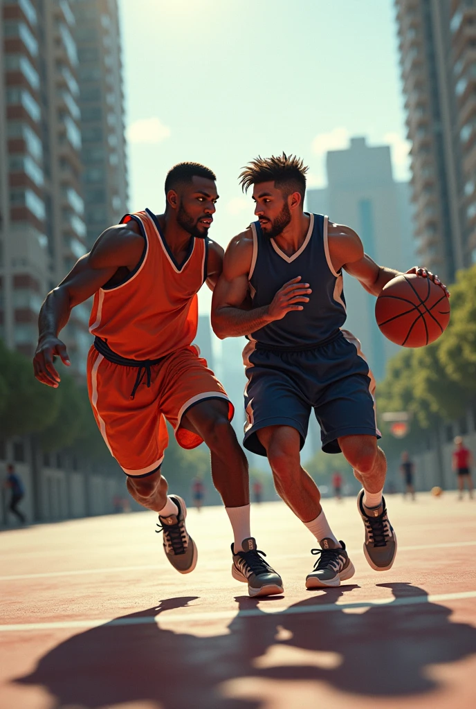 (Masterpiece), (intriciate detail), (Photorealistic:1.3), (film grain:1.3),  man and woman, 1vs1 Street Basketball, Throwing a ball into a basketball hoop, defense, Outdoor,  Basketball playground on the street,