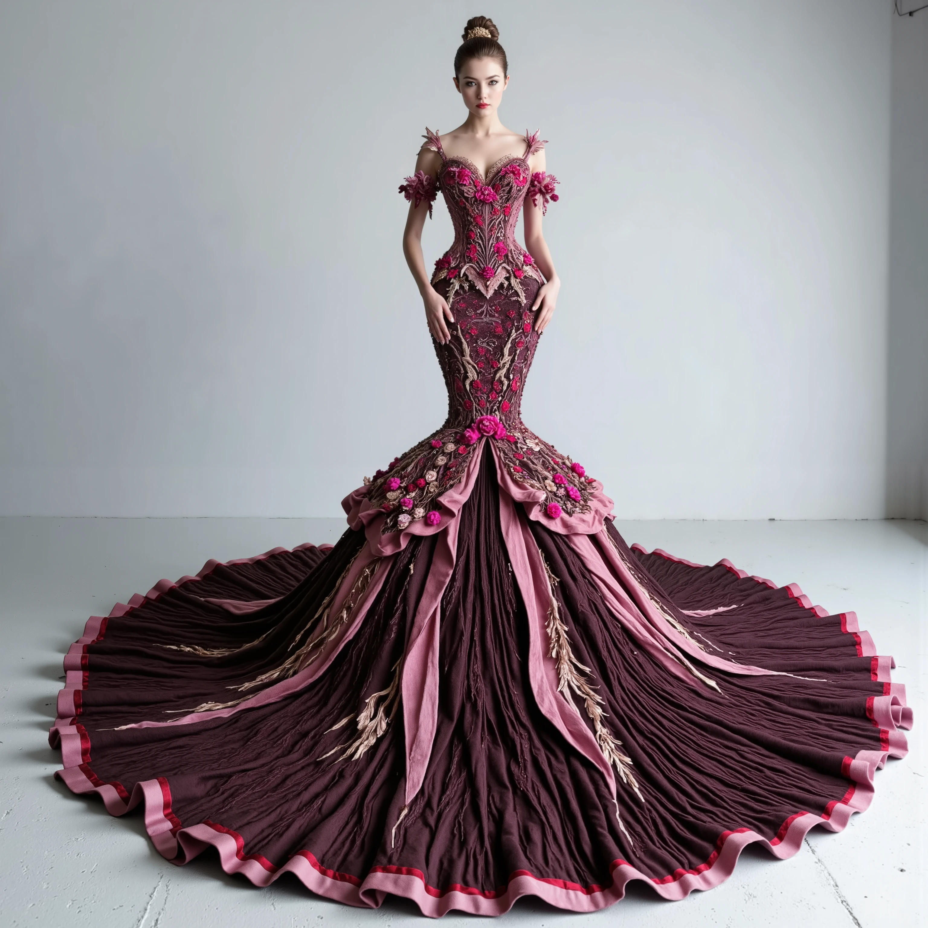 A very light pink silk and satin mermaid style full-length gown with a fitted bodice and a super oversized flared skirt that has giant raised up ruffles at the bottom. This ridiculously tall and oversized gown requires super high platform shoes that will make the wearer 18 to 24 inches taller than usual. The kind of thing only a supermodel, the crazy wealthy, or a crazy celebrity would ever attempt to wear. Very experimental fashion, this gown has sheer puff sleeves adorned with red and black floral appliqués, sweetheart-shaped neckline lace, and hot pink colored sequence adorns the top. Lightweight foam rubber and metal wires are the only things underneath the very oversized light pink,very long, silk and satin skirt, that can lift it and hold it up, so that the wearer can walk and move at all in this unconventional, yet elegant ensemble.The bottom of the long skiropens so that the fabric creates a large circular shape on yhe floor that is several feet in circumference larger than usual with a gown of this style. The extra long skirt has puffed up outter material that hangs down in several layers from mid thigh down to the floor in three or four columns. The dress is made of very light pink satin and silk with some hot pink, red, and black flowers and embroidery patterns of crosses, hearts, etc. The green and pink spotlights cast color on the dress and on the white background. Very dramatic pose. Direct eye contact between the model and the viewer. Asthetically incredible, icon style. Ultra-realistic,photorealistic,cinematic photography,ultra-detailed. Very long hair,Extra Sparkle,cinematic lighting,cinematic portrait,portrait photography,cinematography,full focus,UHDR,startling, Realism,photorealistic,8K,physically-based rendering, professional,intricate,complex,experimental,avant-garde,unique,innovative,striking,captivating,model facing the camera,eye contact,macro photography, Parted Lips,Makeup,Wide-Eyed,Kubrick Stare,From Above,Best Quality,Masterpiece.