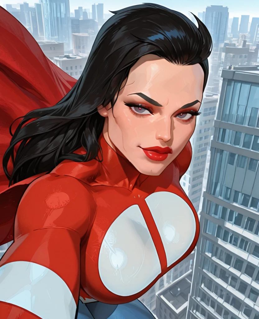 Omni-Man / Nolan Grayson - Invincible , women's body, layer , long hair , red lipstick, flying, background buildings , vestida de Omni-Man, seductive look, Selfie from above , beautiful woman's face . red cape, choose,