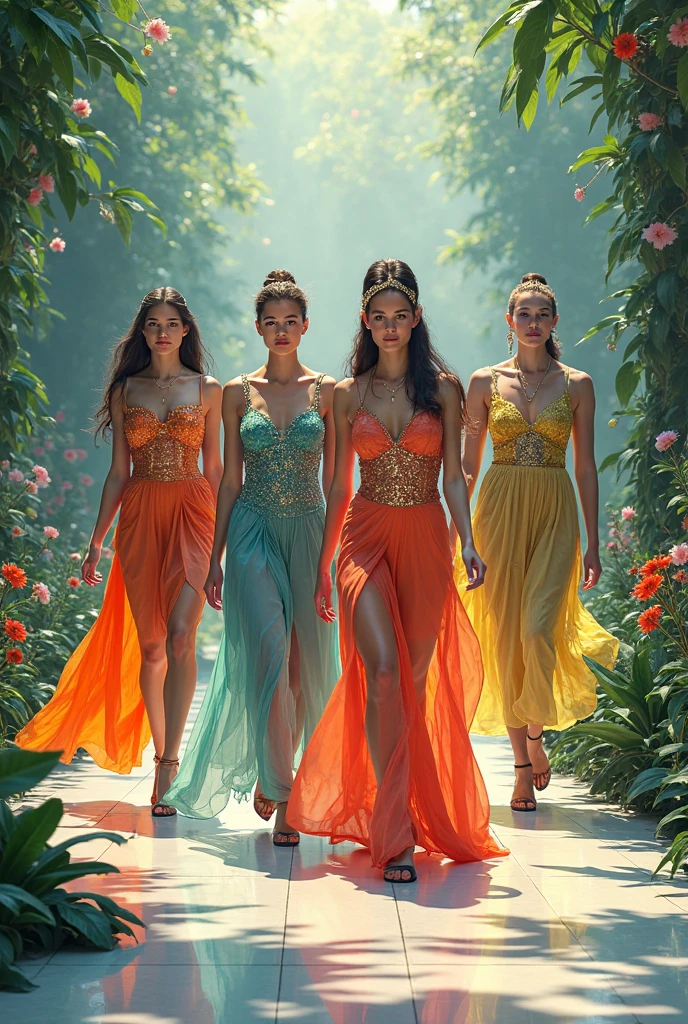  ((Palette knife oil painting with harmonious colors)), ((Beautiful three female angels brunette Latina goddess gowns, Gazing at each other)), ((whole body)), ((Hard dynamic poses)),  A stunning face ,((Random dress tribal clothing print)), (((Tribal relics))),  Intense storm and wind influence, Paul Klee style, A surreal masterpiece, Octane Rendering, concentrated, Colorful oil painting background, detailed, 複雑なdetailed, Rich colors, barefoot, 