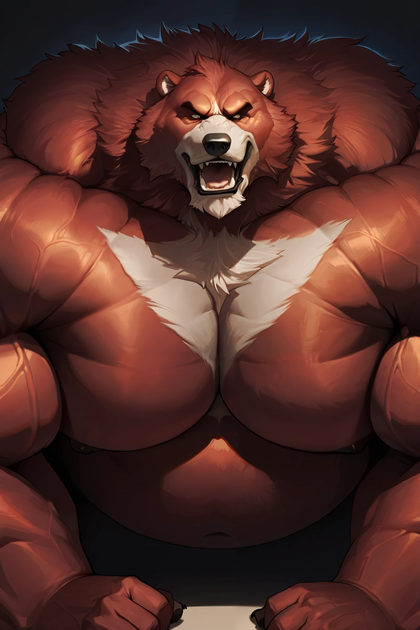full-body: obese muscular Red Bear, very huge gut, detailed expression, old face, open mouth, detailed eyes, robed; wide shoulder, thick arms, wide pectoral, muscle, messy fur:1.2, detailed eyes, focus eyes, no clothes, masterpiece, semirealistic:1.2, high detailed, 8k, high resolution