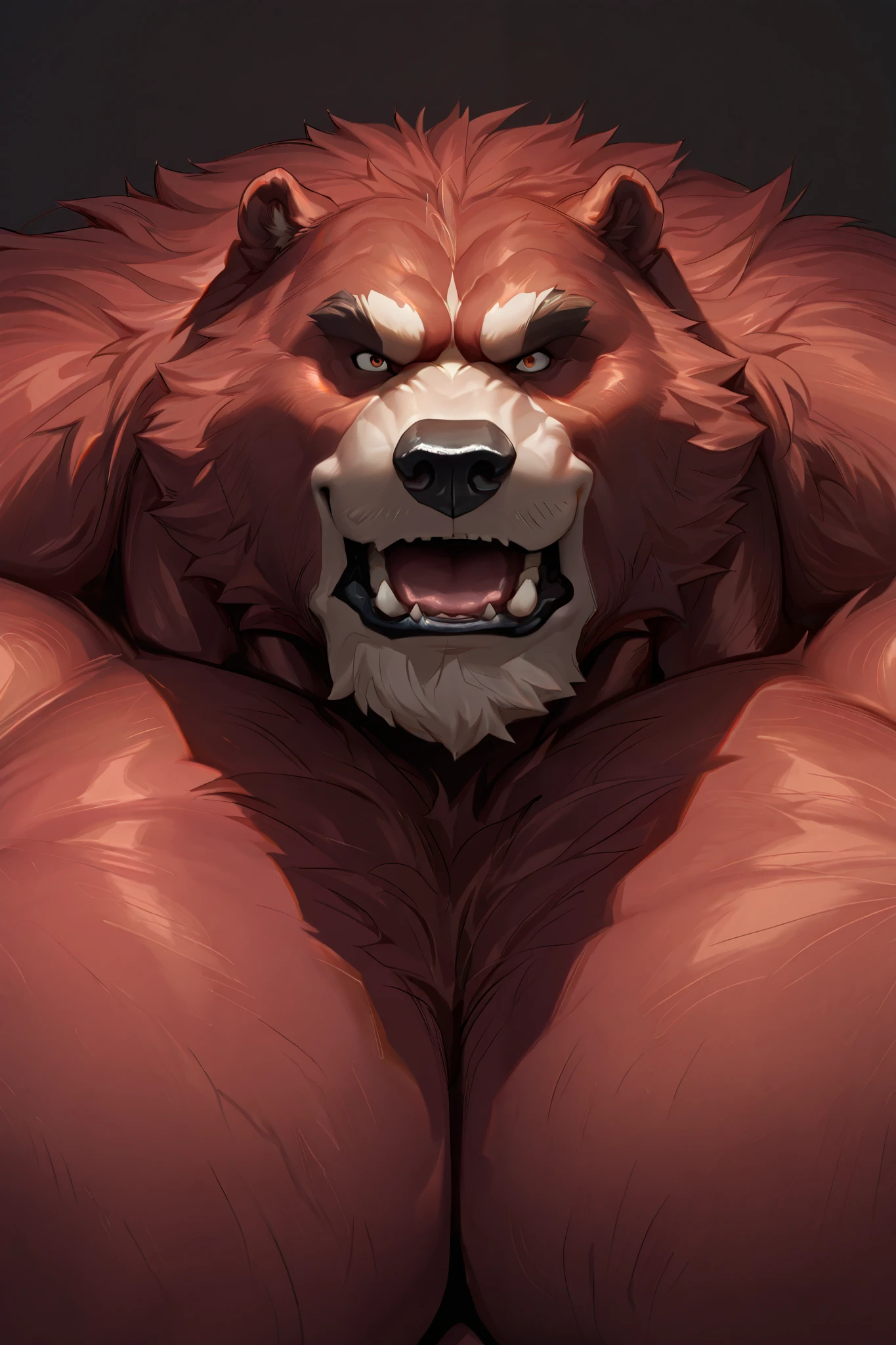 Close-up: obese muscular Red Bear, very huge gut, detailed expression, old face, open mouth, detailed eyes, wide shoulder, thick arms, wide pectoral, muscle, messy fur:1.2, detailed eyes, focus eyes, no-clothes, masterpiece, semirealistic:1.2, high detailed, 8k, high resolution