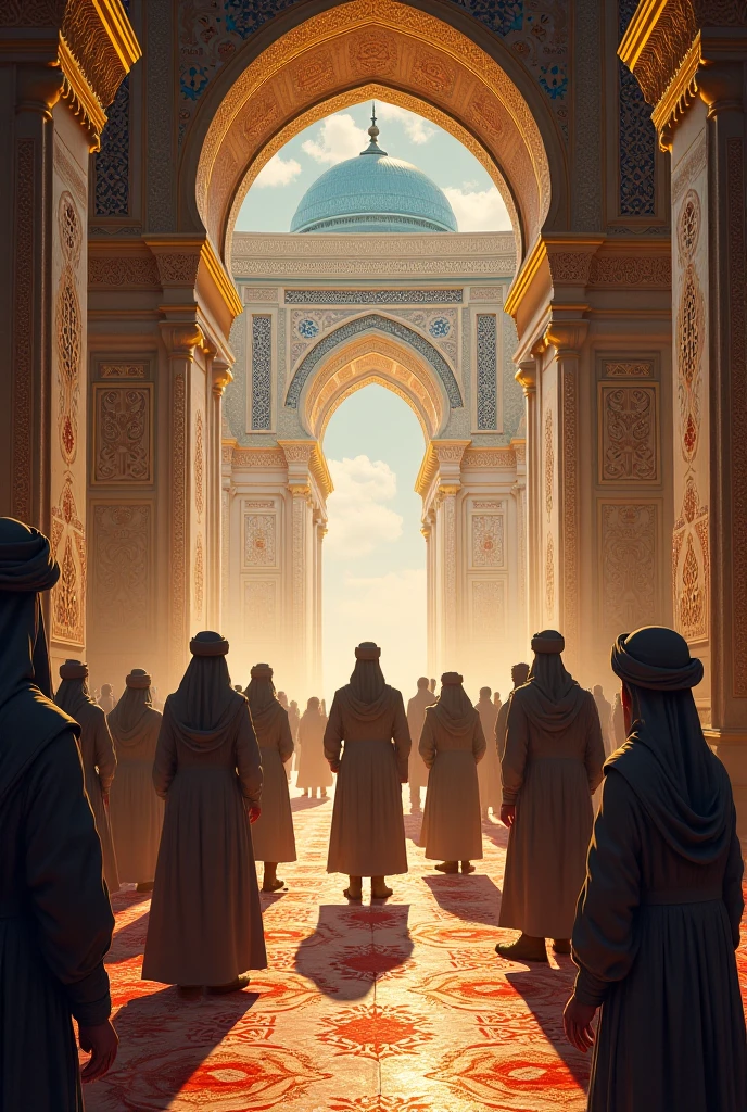 there is a muslim man walking down a street past a mosque, detailed cinematic shot, detailed cinematic render, cinematic matte illustration, 2020 video game screenshot, cinematic shot!, stylized concept art, makoto shinkai cyril rolando, rendered in unreal engine 5, atey ghailan and steve mccurry, ornate borders + concept art, stunning digital illustration, sunset