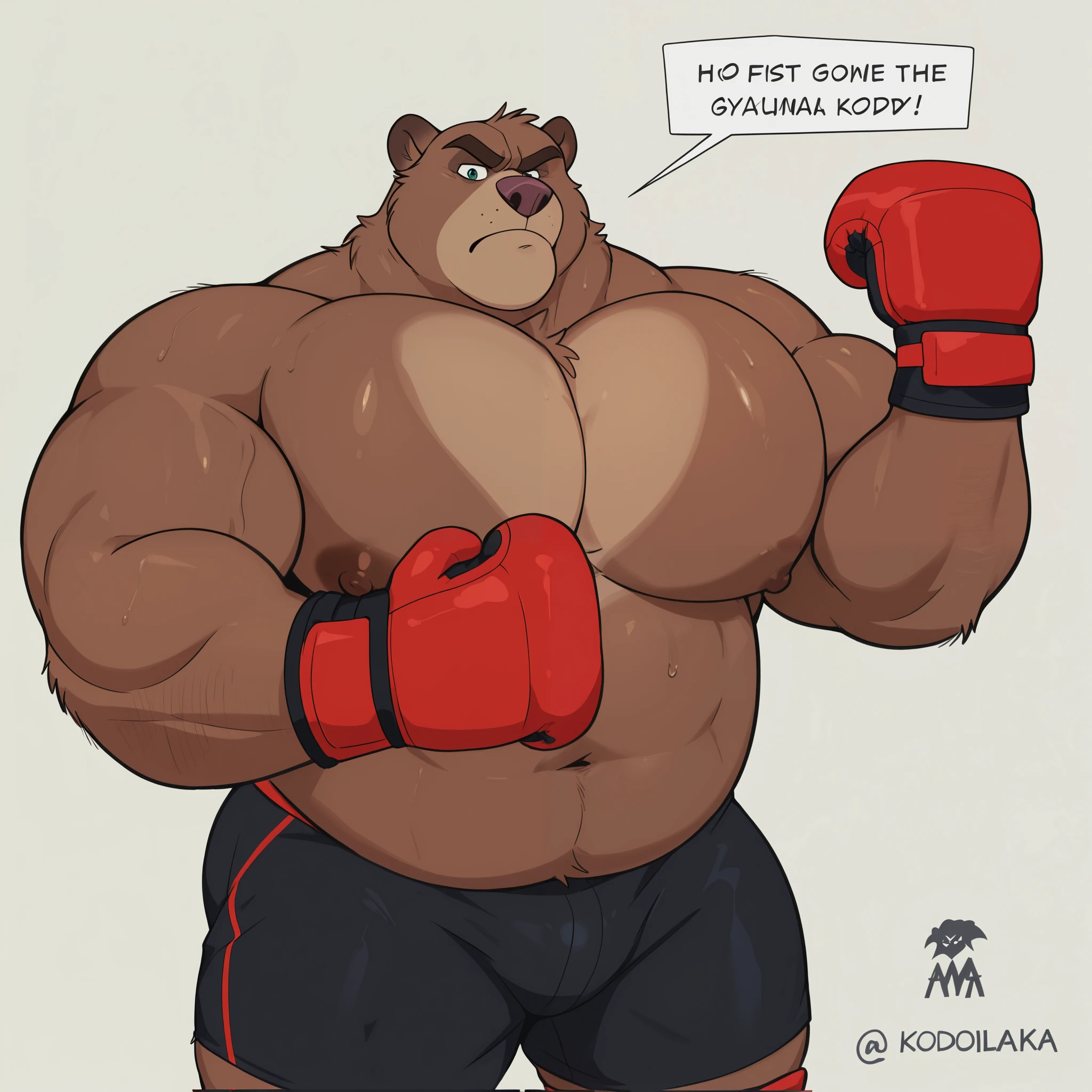 Solo, 1boy, Muscular Old, angry, focus, look at viewer, wide shoulder, pectoral, thick arms, huge pectoral, wide pectoral, height: 220cm, weight: 440lbs, a Kodiak brown bear in an MMA shorts with red slits wearing an MMA gloves with red knuckle pads and an ankle support brace as he workouts in the gymnasium warehouse, Walt Disney 2D Zootopia Animation Art Style,