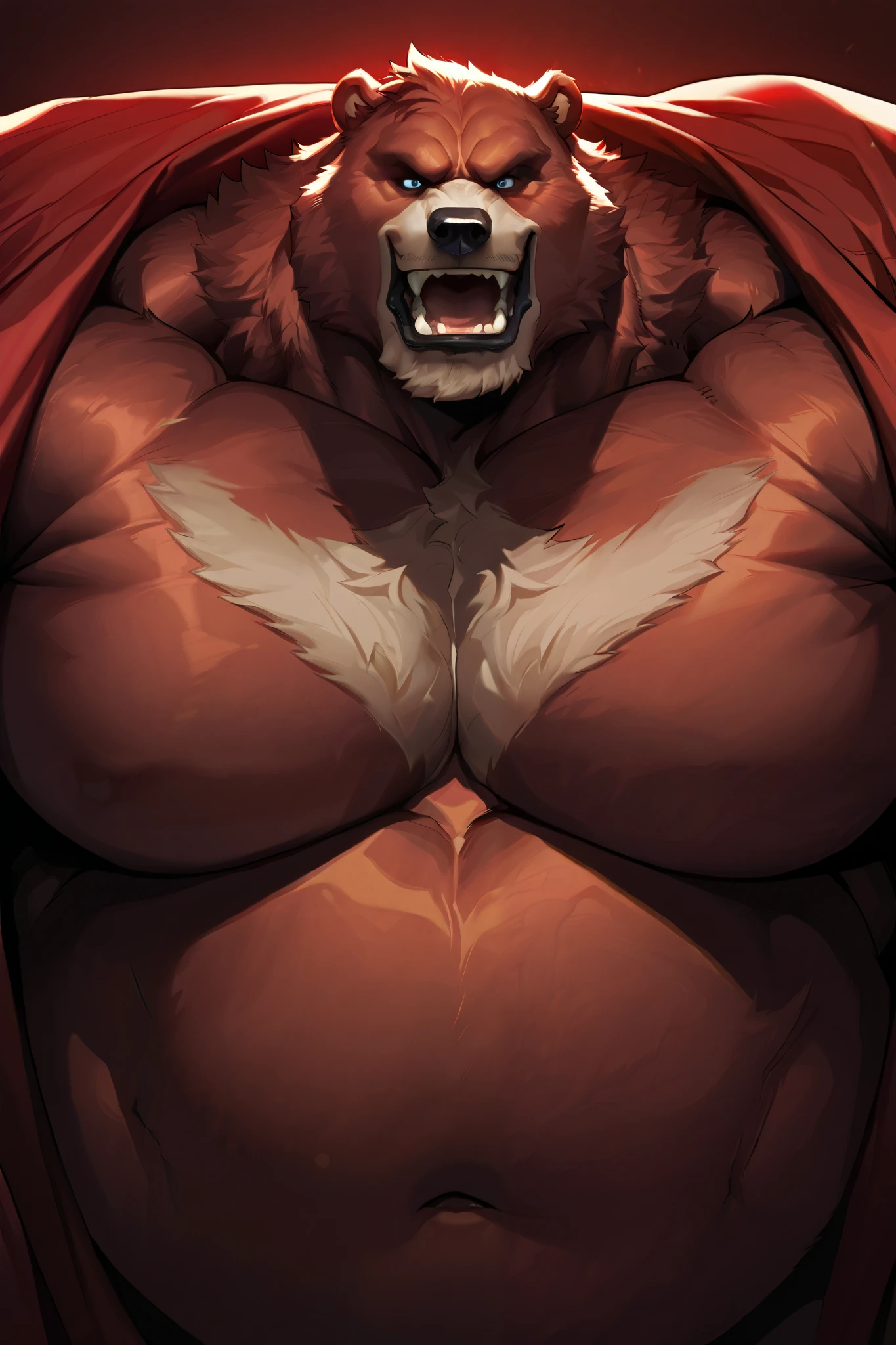 obese muscular Red Bear, very huge gut, detailed expression, old face, open mouth, detailed eyes, wide shoulder, thick arms, wide pectoral, muscle, messy fur:1.2, detailed eyes, focus eyes, no clothes, masterpiece, semirealistic:1.2, high detailed, 8k, high resolution