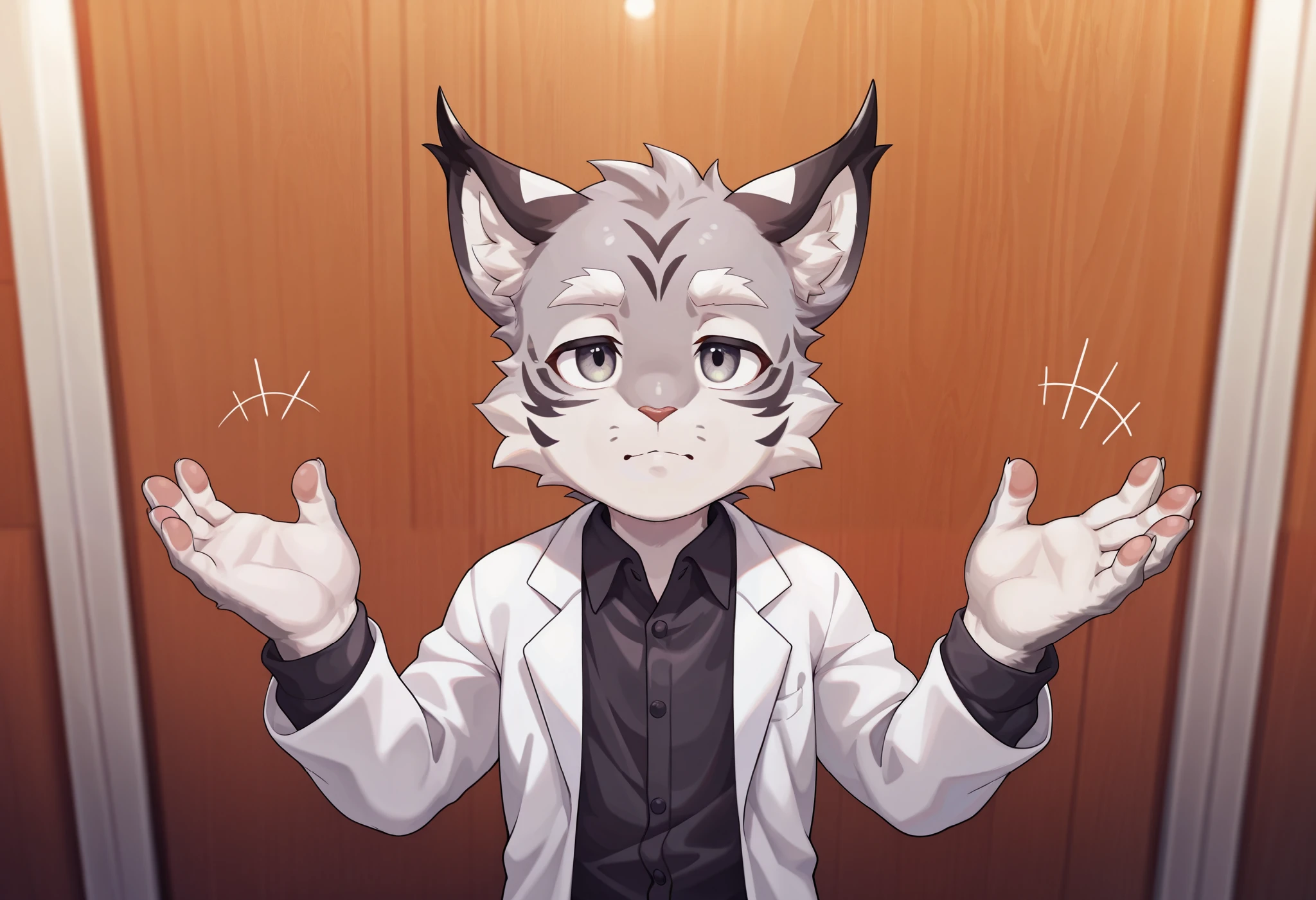 solo, 1boy, (gray fur:1.3), lynx, cat face, (young:1.3), shota, white eyebrows, lab coat, close-up, calm expression, Frustrated, (standing with Palms up gesture), Shrugging hands, Open hand expression, in Band Rehearsal Room, score_9, score_8_up, score_7_up