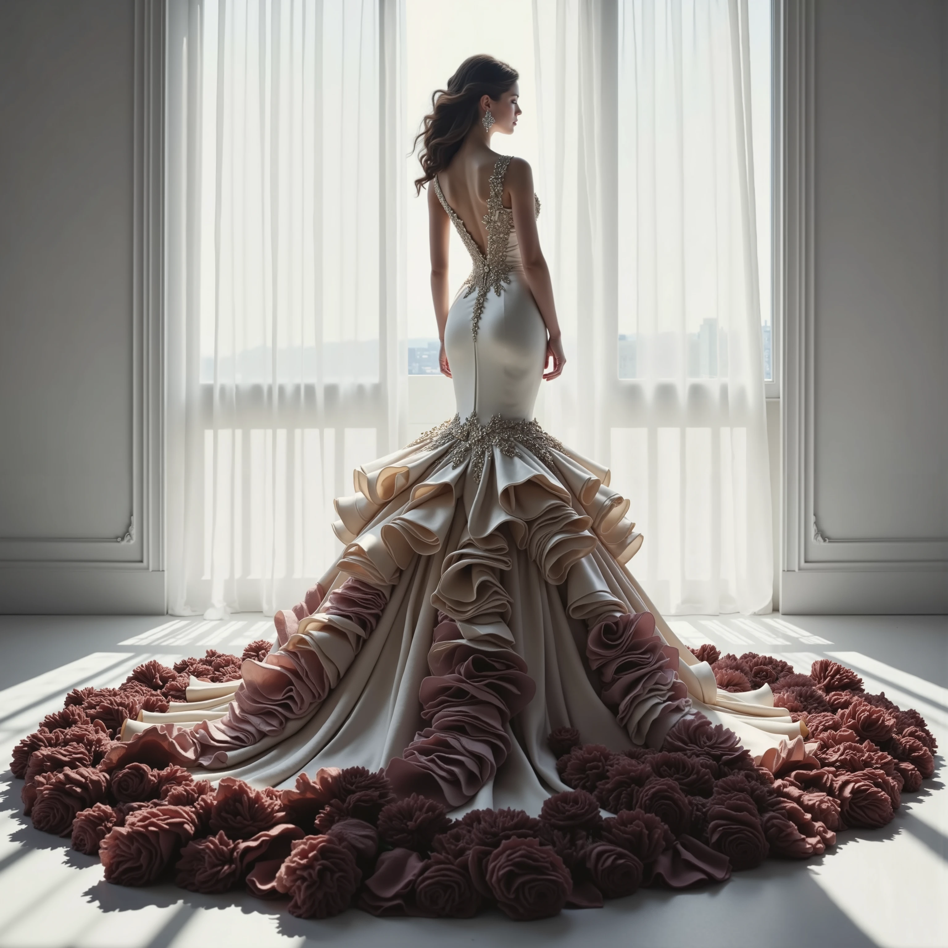 a white silk and satin mermaid style full-length gown,fitted bodice,super oversized extra long flared skirt,giant raised up ruffles,photorealistic,8K,detailed fashion portrait,dramatic lighting,cinematic composition,intricate details,seamless blend of realism and fantasy,chiaroscuro lighting,volumetric light rays,ornate jewelry,dramatic pose,elegant and sophisticated,lifelike textures,high quality,ultra-detailed,vibrant colors,masterpiece