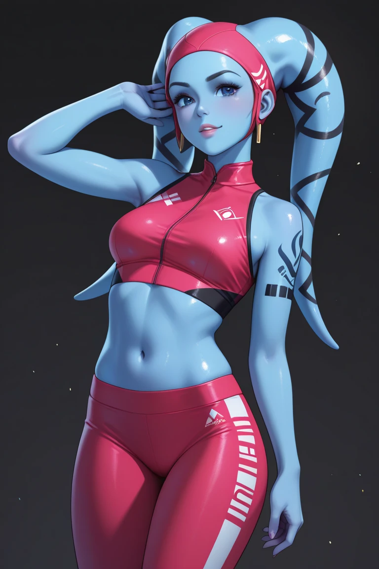 Beautiful alien woman with bright blue skin, short white hair that is shaved on the sides, blue eyes, pointed ears, a flat chest, and wide hips. Wearing a kunoichi suit
