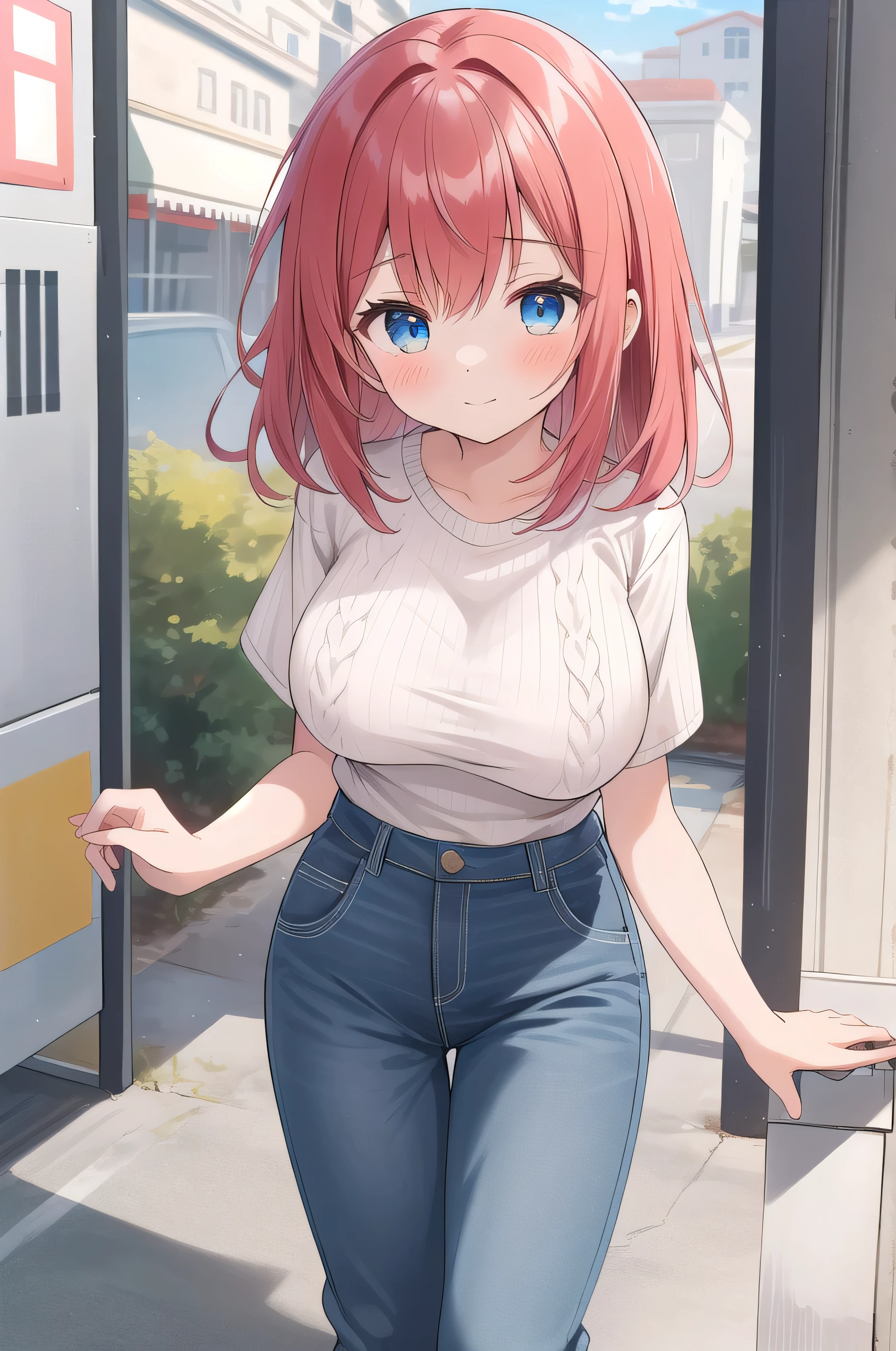 Anime girl with red hair and blue eyes standing in front of a bus ...