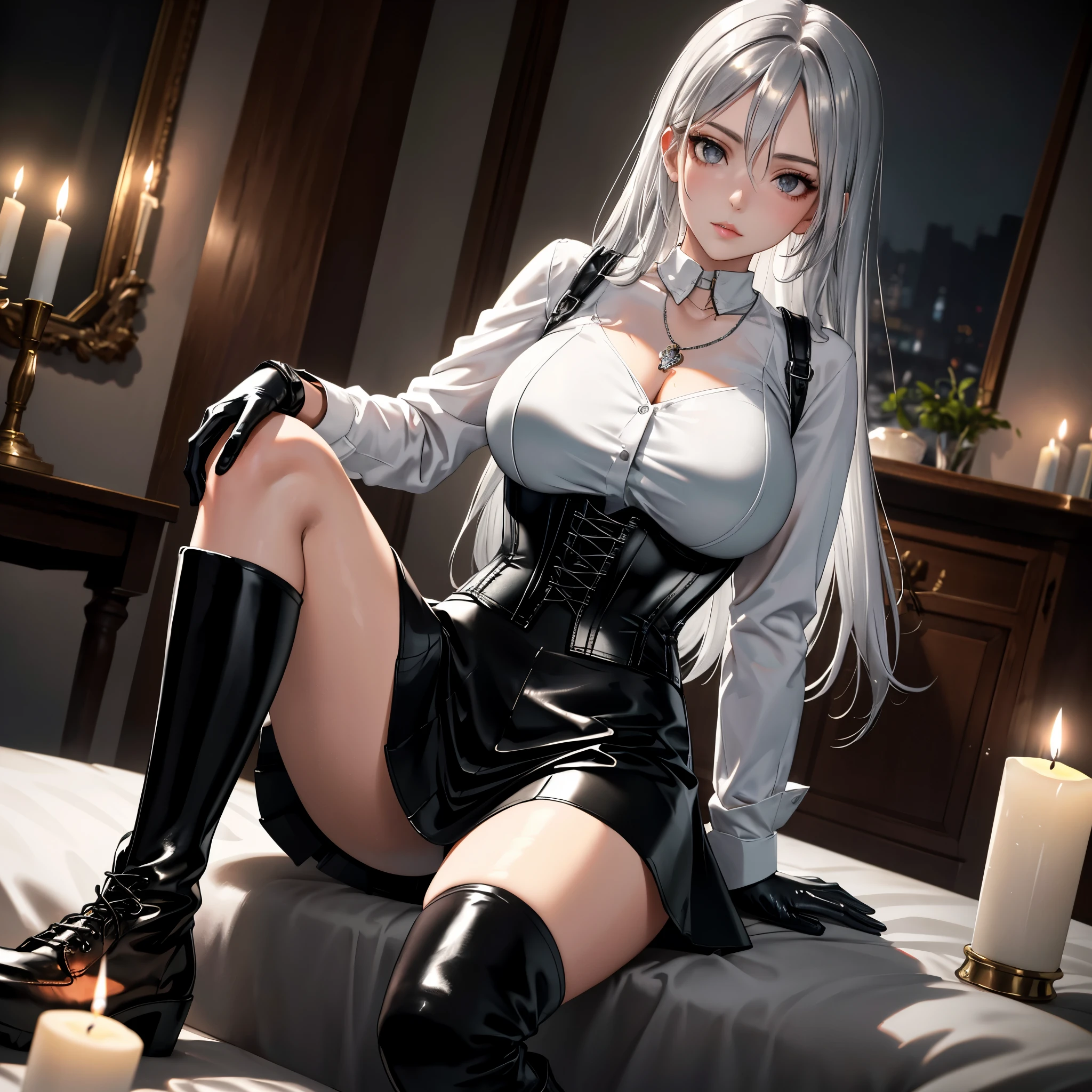 (Girl lying on fur bed),Portrait Photography, Realistic, High resolution, 1 female, alone,full body shot, Beautiful Eyes, Close your lips, Detailed face, Gray Hair, Long Hair, Collared shirt, Black tie,Black Skirt, Pencil Skirt, Fur coat, stockings,(Black lace panties are visible)