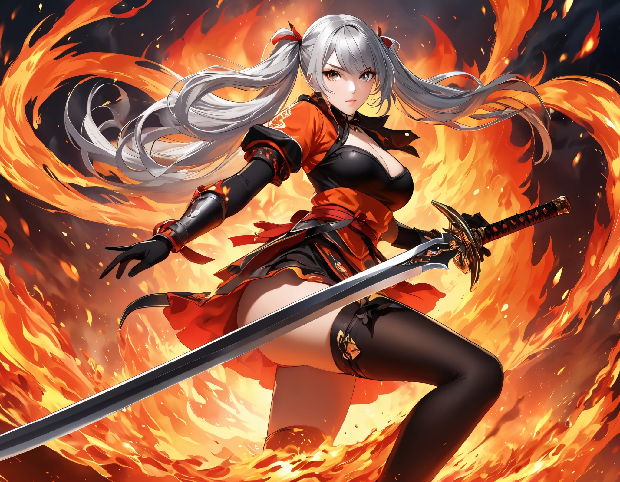 Real photo, high resolution, 1 female, solo, hips up, beautiful eyes, white hair, round eyes, yellow shirt, black skirt, black pencil skirt, black stockings, high heels, sexy demonstrates his terrifying power in the battle, defeating the forces of the Ten Thousand Demon League and the Unity Sect, Li Gu moves like lightning, wielding his weapon with destructive attacks, soldiers of the Ten Thousand Demon League and the Unity Sect are fragile in front of him, unable to withstand his terrifying power, , 32k, best quality, masterpiece, super detail, high details
