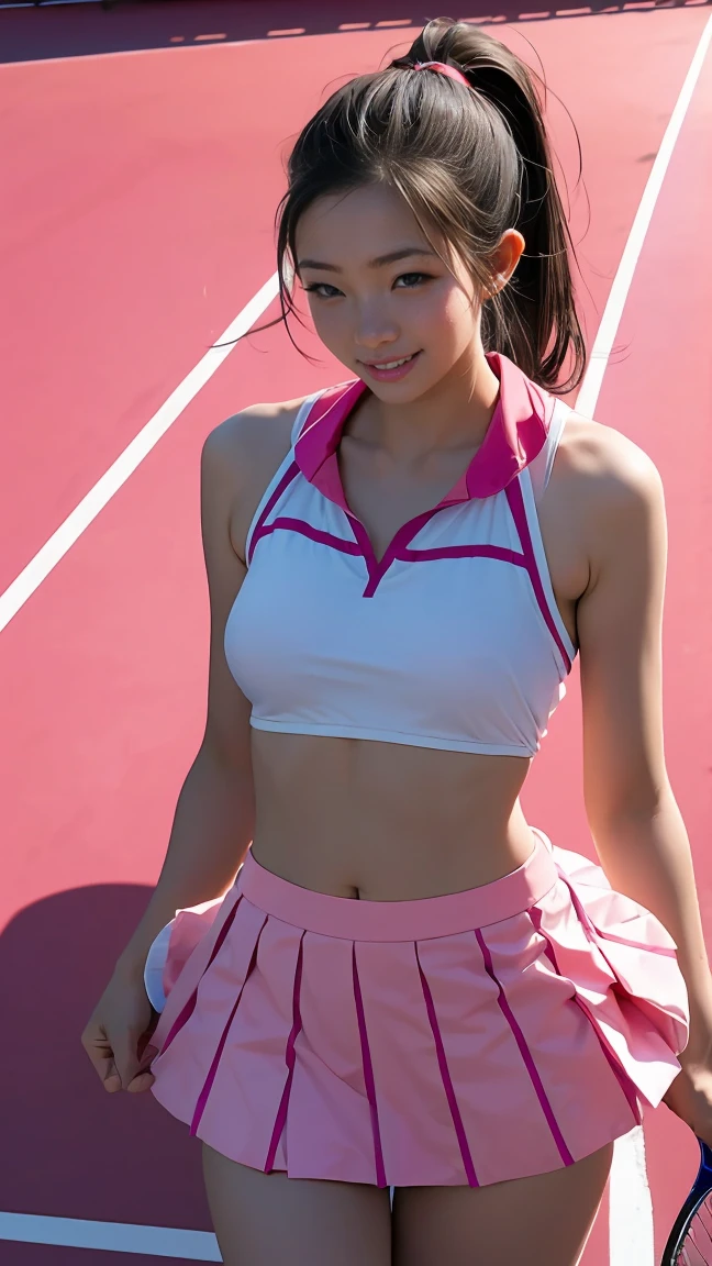 highest quality、8K、Super detailed, masterpiece, Great illustrations, highest quality, Particles of light, Very detailed, 8k wallpaper, (Vibrant colors:1.2), (Young girl, 28 years old), look back,Laugh shyly,blush, Laugh shyly, Gaze lovingly,Medium Chest, Black Hair, Messy Hair, Medium length hair, ponytail, Pink Ribbon, Shiny Hair, Glowing Skin, Cute face, (Pink tennis uniform), (Nipples erect:1.3), (Beautiful pink eyes, Shining Eyes), , blush cheeks, Outdoor, Tennis court, sunlight, Shadow,、(8-year-old beautiful loli),Beautiful thighs、((((Self skirt lift up)))), I love showing off my sexy panties、((((ノースリーブのPink tennis uniform))))、((((nakedの腕:1.3))))、Very short、(Soft abdominal muscles are fully visible)、Good sized breasts、(naked:1.15)、Browsing Caution,Real Photo:1.6、Camera work from below、