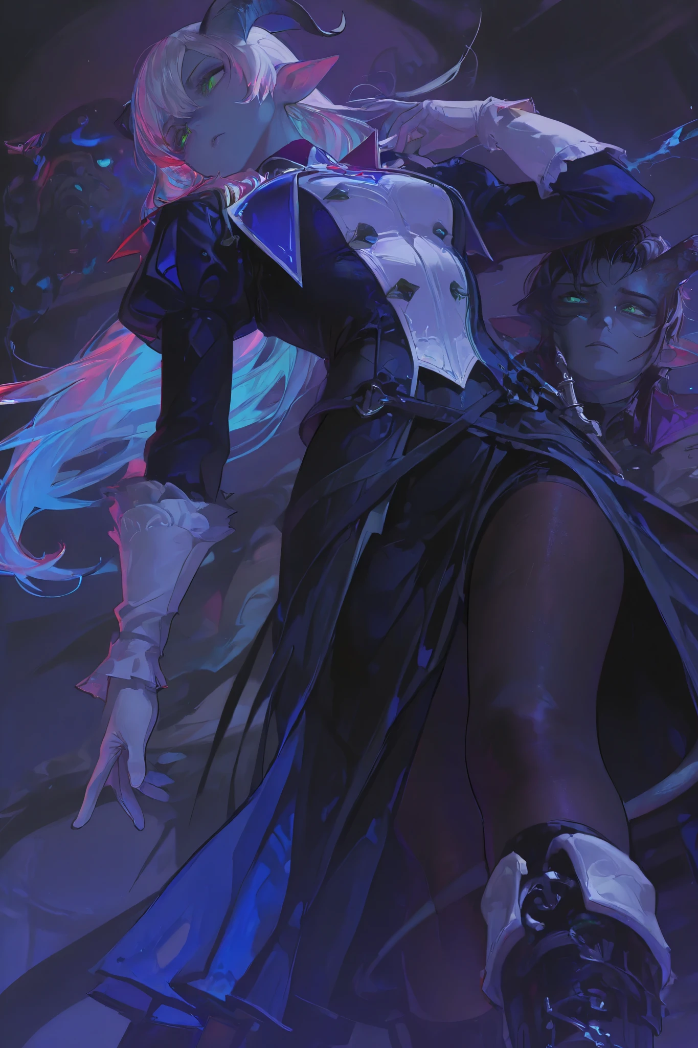 Score_9, Score_8_up, Score_7_up, Score_6_up, masterpiece, portrait, Best Quality,assertive posture,Evil,woman, (( Gray-blue skin )), ((Tiefling)), , Long ears, long hair, 红色 long hair, Mullet head,Horns on the head,green eyes, scaly silver long skirt, Palace Costumes, white gloves with full black tights , boots, Indifferent, dynamic angle, ((Highly saturated colors)), Aesthetic , ((Cool)), L0LSPL4SH ,