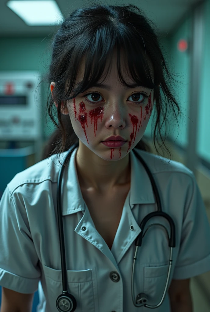 beautiful doctor, wear a doctor's uniform, black hair, there were a lot of injuries on his face, berdarah. Back ground dark red black gradation. Gambar 4d. Ultra hd. 16k.