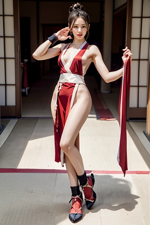 Kasumi, brown eyes, (best quality, ultra-detailed), (realistic:1.37), beautiful and detailed face, ultra-realistic texture, delicate face, delicate body, red lipstick, bright colors. High definition, 8K, well defined legs, expression cute smilling