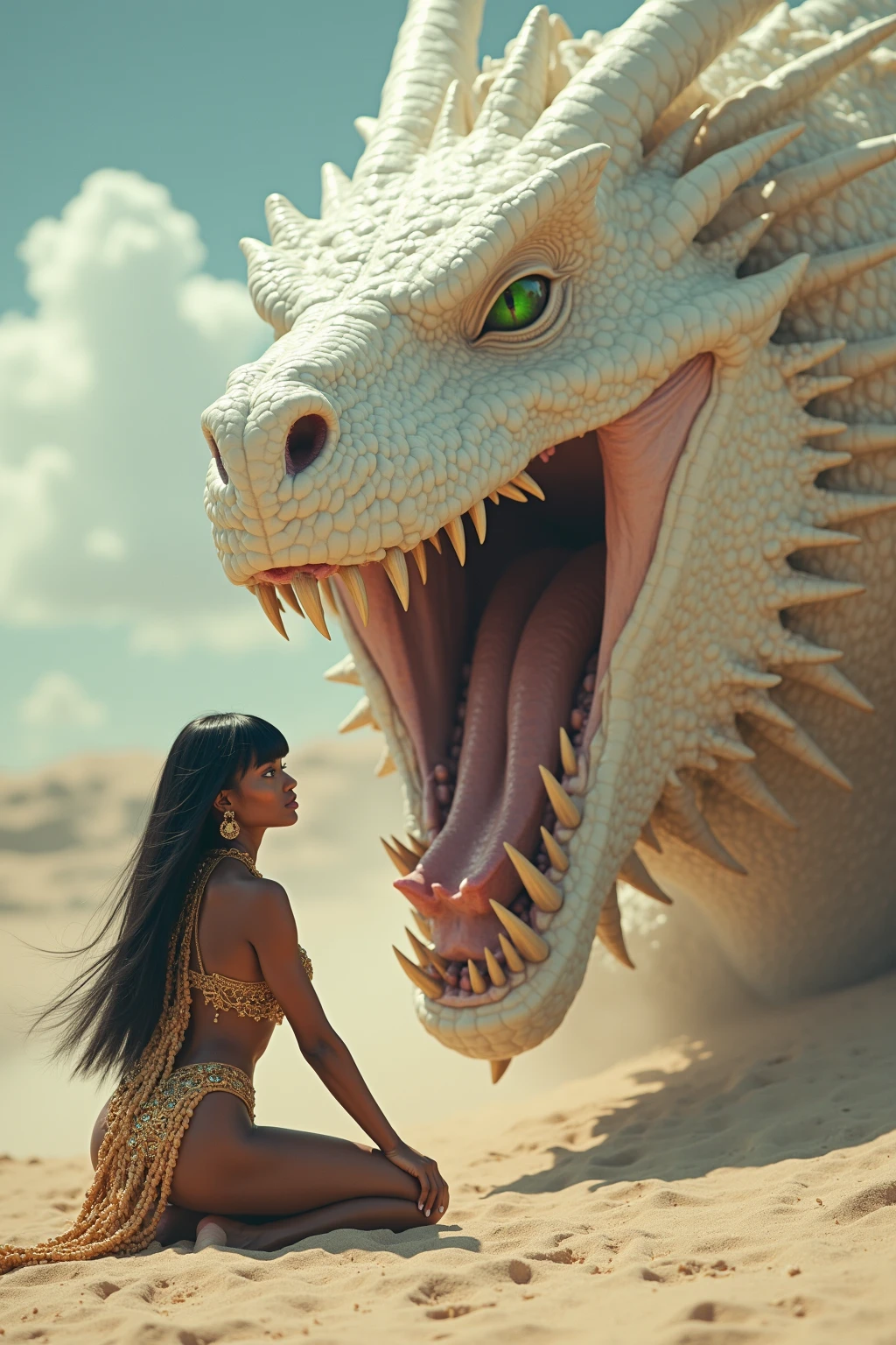In the heat of the moment, found herself face to face with a dragon🐉, roaring fiercely at her. Startled, she fumbled with the controls and shouted, "World dying!" - Photorealistic fantasy scene from a dream, mature voluptuous scared angel brunette dreds Ethiopian woman, folded filigree feathered wings, just waking up lying in her opulent decorated bed, timid, shy, surprised, angry, sad,, tears, her filigree bed outdoors (drifting floating in the ocean), desperately holding on her filigree lace blanket, partially covered, one firm breast exposed, her long voluminous hair blowing in the strong wind, thunderstorm, (rough sea background, strong swell, snakes circling her bed, heavy rain), tears, stunning captivating bright eyes looking at viewer, waving golden clouds are bed- -- - - choose something