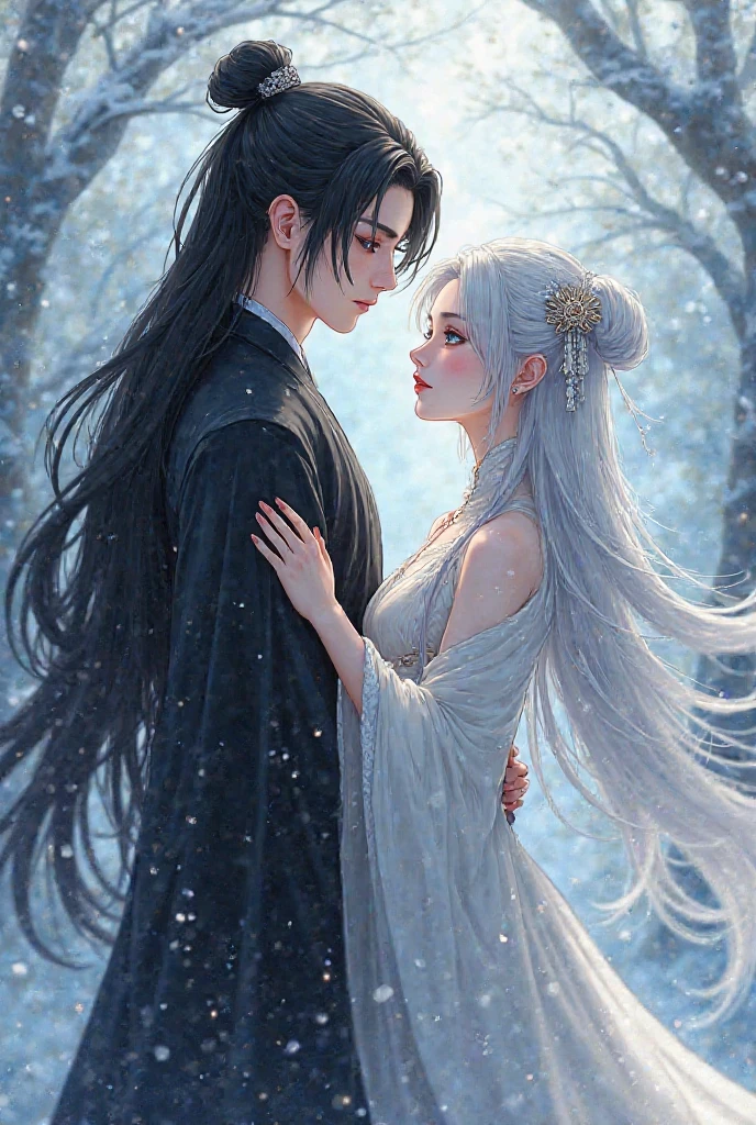 Couple, 1 girl 1 boy, black hair color, long hair, wavy hair, no bangs, grey eyes. naked. height different, detailed eyes, face, hand. The look at the viewer. They hug. They are near pine trees with snow. Full figure. Background snow forest