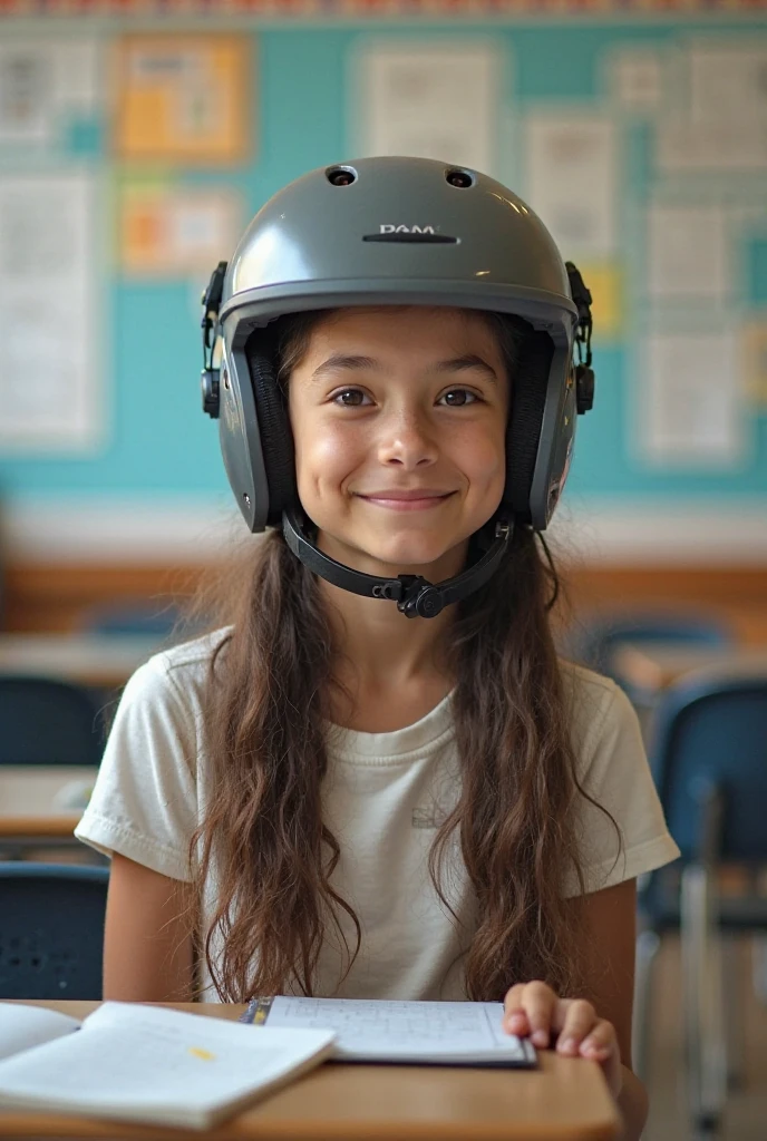 draw me a picture of a 7 year old wearing a war helmet