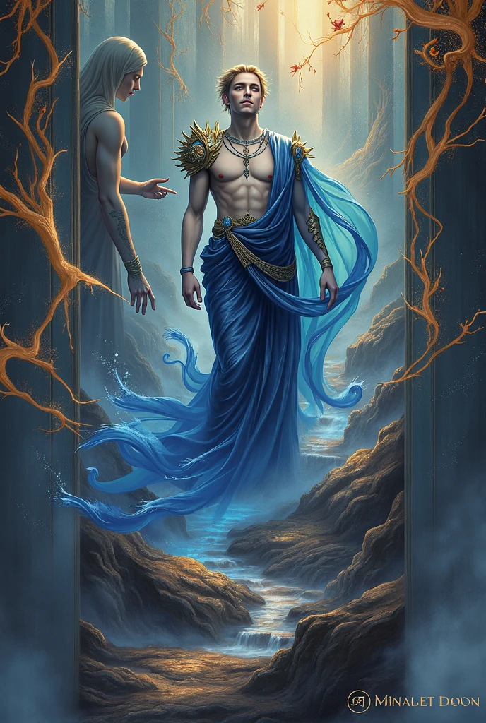There is a statue of a man holding a fish and a snake, greek myth digital painting, God concept art, art of wlop and greg rutkowski, digital fantasy illustration, mythology artwork, peter mohrbacher. Unreal Engine, Goddess. extremely high detail, concept art digital illustration, mohrbacher, trending digital fantasy art, greek god, wlop art