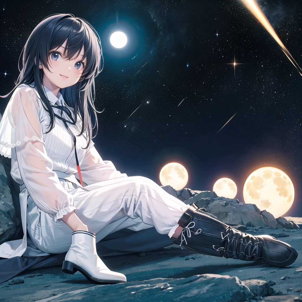 Dark skinned girl, White clothes, Compensate, Long sleeve puff shirt, Tulle skirt, White boots, Night Forest, moonlight, It is not a pleated skirt, White Pantyhose