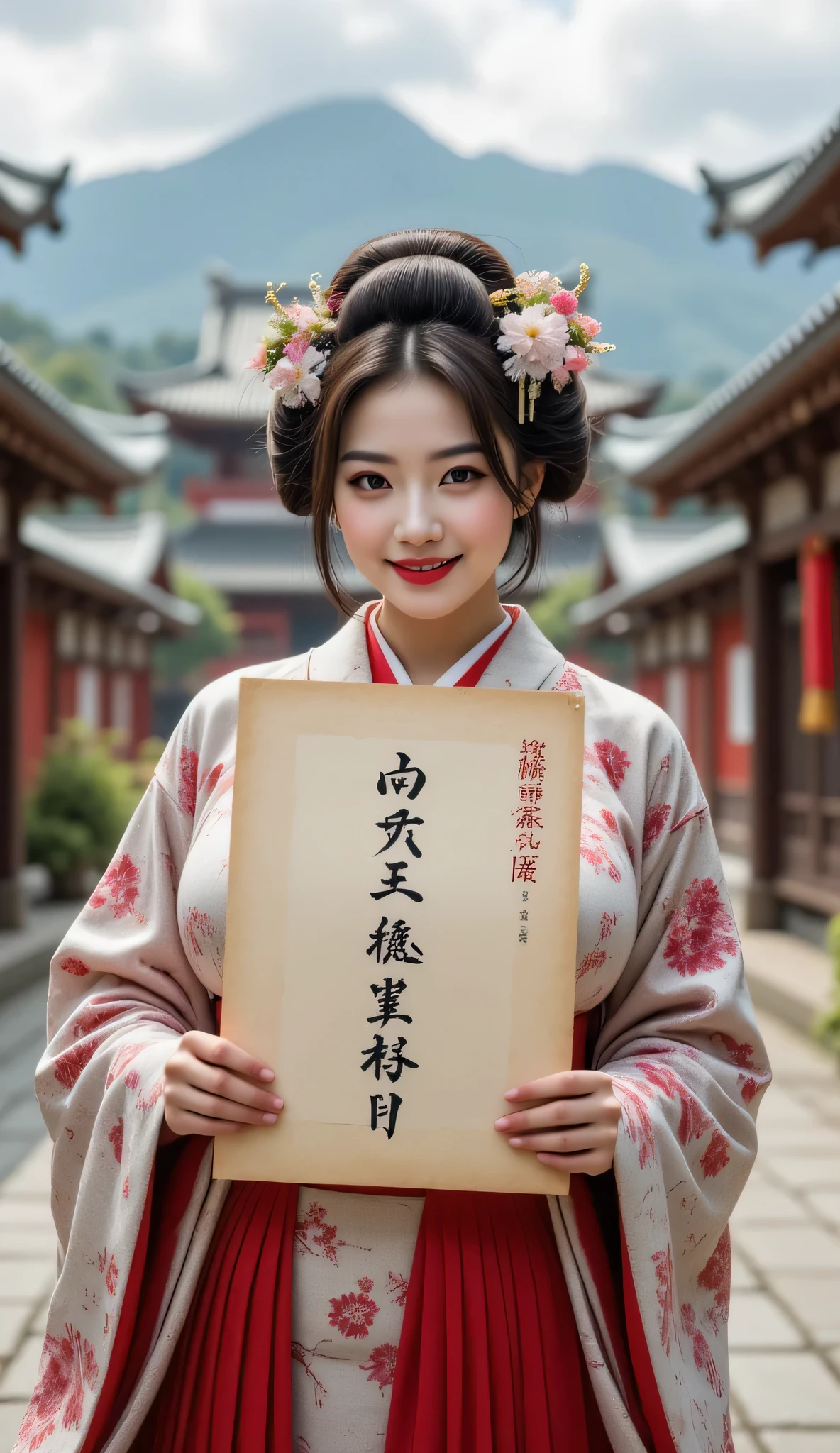 ((**Prompt:** during ancient japan tokugawa time, Create a hyper-realistic wide scenery image of a prehistoric japanese geisha female sitting confidently at the forefront, her full body view showcasing her elegantly busty silhouette. She holds writing down with her ink brush a large piece of hiragana text wide size manuscript paper adorned with striking hiragana font alphabetic syllabary japanese letters on the high long wooden table at the forefront. Symmetrically balanced within the composition. The geisha's japanese kimono obi gown shapely drapes gracefully, reflecting the cultural richness of ancient folk japan, complemented by her vibrant smile that radiates warmth and approachability. Inside the background, the majestic japanese palace looms, its architectural details accentuated by central leading lines that create a captivating sense of depth in an ultra-wide-angle perspective. The scene is enhanced with UHD ambience, featuring a blend of realistic textures and mixed lighting that adds life to the moment. Pay special attention to the female's hands, showcasing meticulously detailed anatomy while her shiny, lifelike hair cascades around her face. Capture the essence of artistry reminiscent of SilkPunkAi styles, ensuring the overall image is creatively rich yet respectfully aligns with the historical context.))