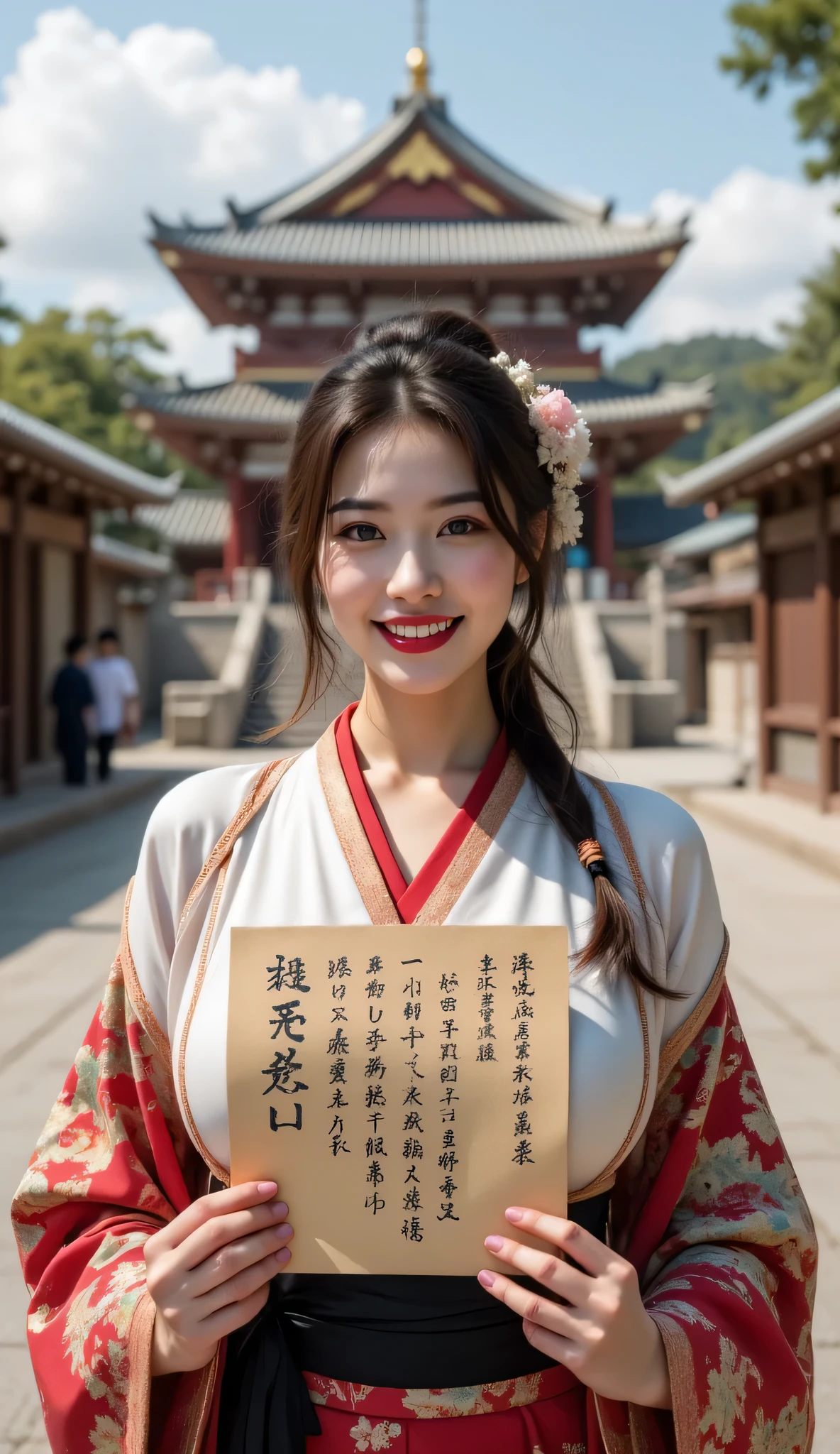 ((**Prompt:** during ancient japan tokugawa time, Create a hyper-realistic wide scenery image of a prehistoric japanese geisha female sitting confidently at the forefront, her full body view showcasing her elegantly busty silhouette. She holds writing down with her ink brush a large piece of hiragana text wide size manuscript paper adorned with striking hiragana font alphabetic syllabary japanese letters on the high long wooden table at the forefront. Symmetrically balanced within the composition. The geisha's japanese kimono obi gown shapely drapes gracefully, reflecting the cultural richness of ancient folk japan, complemented by her vibrant smile that radiates warmth and approachability. Inside the background, the majestic japanese palace looms, its architectural details accentuated by central leading lines that create a captivating sense of depth in an ultra-wide-angle perspective. The scene is enhanced with UHD ambience, featuring a blend of realistic textures and mixed lighting that adds life to the moment. Pay special attention to the female's hands, showcasing meticulously detailed anatomy while her shiny, lifelike hair cascades around her face. Capture the essence of artistry reminiscent of SilkPunkAi styles, ensuring the overall image is creatively rich yet respectfully aligns with the historical context.))
