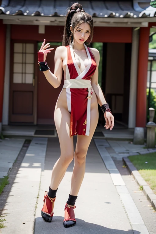 (mai shiranui:1.5), (tabi:2.0), (toe:1.2), (Full body portrait:2.0), Full body, (Realism), (masutepiece:2.0), (Best Quality), (ultra-detailliert), (8K, 4K, Convoluted), (Flat Lighting:1.2), (skinny), Prestige, Brown eyes, Long hair, Brown hair, White ribbon, Sleeveless, poneyTail, sash, pelvis curtain, arm guards, mitts, fascinated expression, Sexy eyes, medium breasts, Smile, Cute, view the viewer, Long hair, Close to Japan temple, (breasts focus:1.2), (Realistic:1.2), (Full Shot: 1.2), (85 mm), light Particle, Lighting, (Highly detailed:1.2), (Detailed face:1.2), (gradients), SFV, Colorful, (Detailed eyes:1.2), (Detailed temples of Japan: 1.2),(Detailed background), (Dynamic Angle:1.2), (Dynamic Pose:1.2), (Line of action:1.2), Wide Shot, Daylight, Solo.