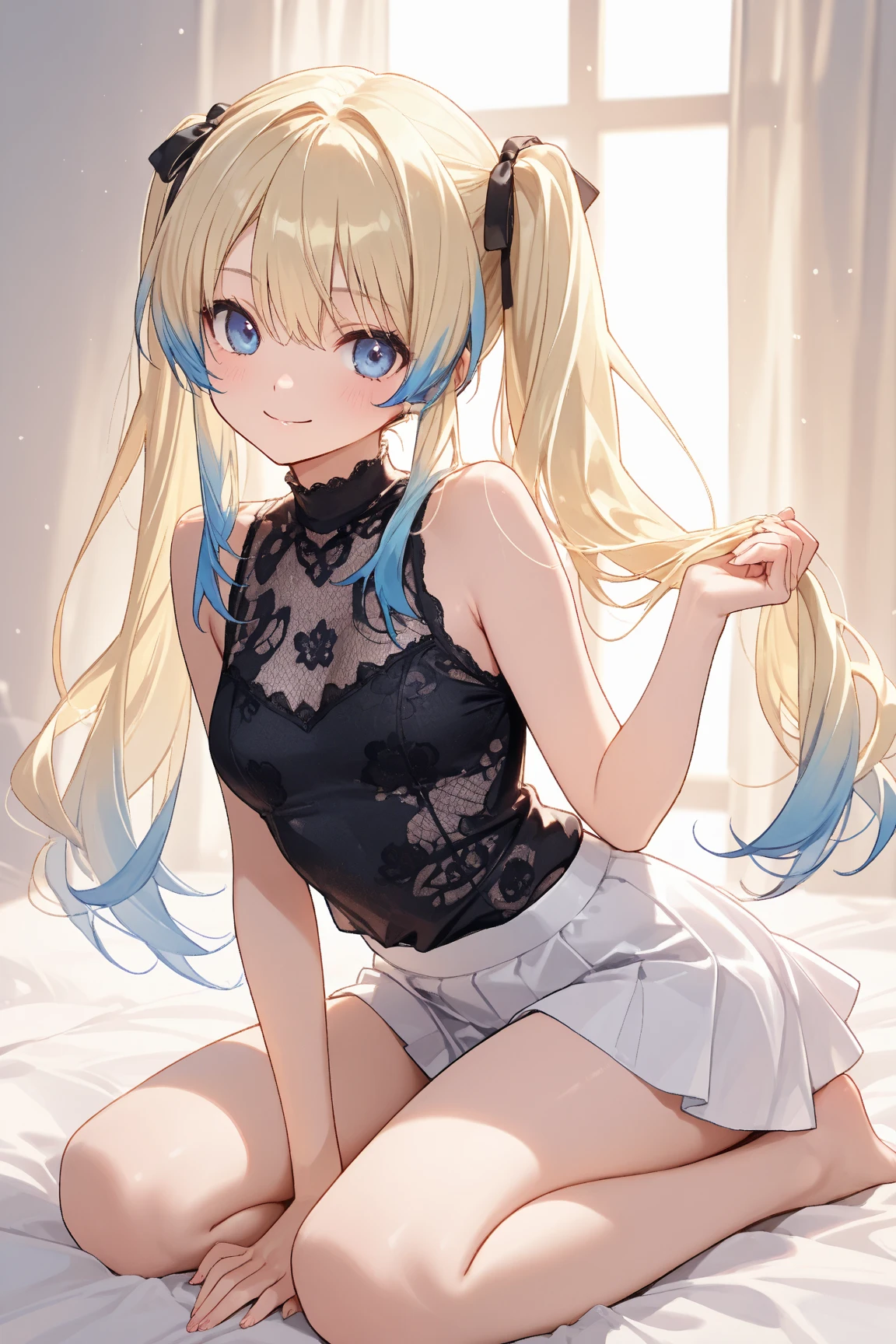 blush,smile、blonde、Twin tails、Primary school students、Saliva dripping from the mouth、The back is very small、Lolita、Small breasts、Please show me your armpits、exterior: 14 years old、Shoulder Bare、The clavicle is visible、Sexy thighs、Beautiful feet、highest quality, High resolution, unity 8k wallpaper, (shape:0.8), (Beautiful and beautiful eyes:1.6), Highly detailed face, Perfect lighting, Extremely detailed CG, (Perfect hands, Perfect Anatomy),