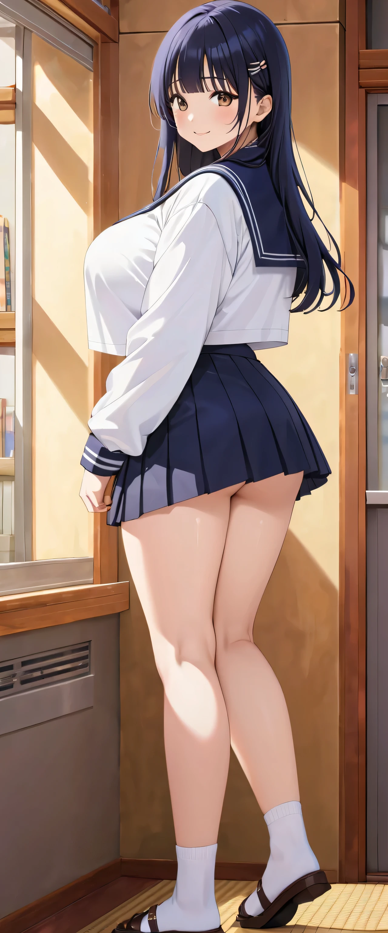 ((highest quality)), ((masterpiece)), (High resolution), 8K, best shadow, The best natural light, cinematic, high school girl climbing the stairs、20-year-old, (brown hair)、Looking back, bashful、navy blazer、navy skirt、(dark blue socks)、((Rear view))、Angle from directly below the rear, ((View from directly below))、dark blue socksのクローズアップ、Manga panel layout、cartoon style、Manga Design、station stairs、on the way to school, A skirt that flips in the wind, Stylish white panties hidden under a skirt, slender body,beautiful thighs, embarrassed expression
