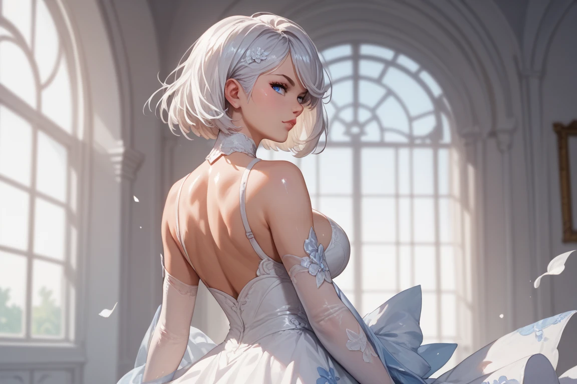 A girl with short white hair with green eyes with tattoos and wearing a wedding dress