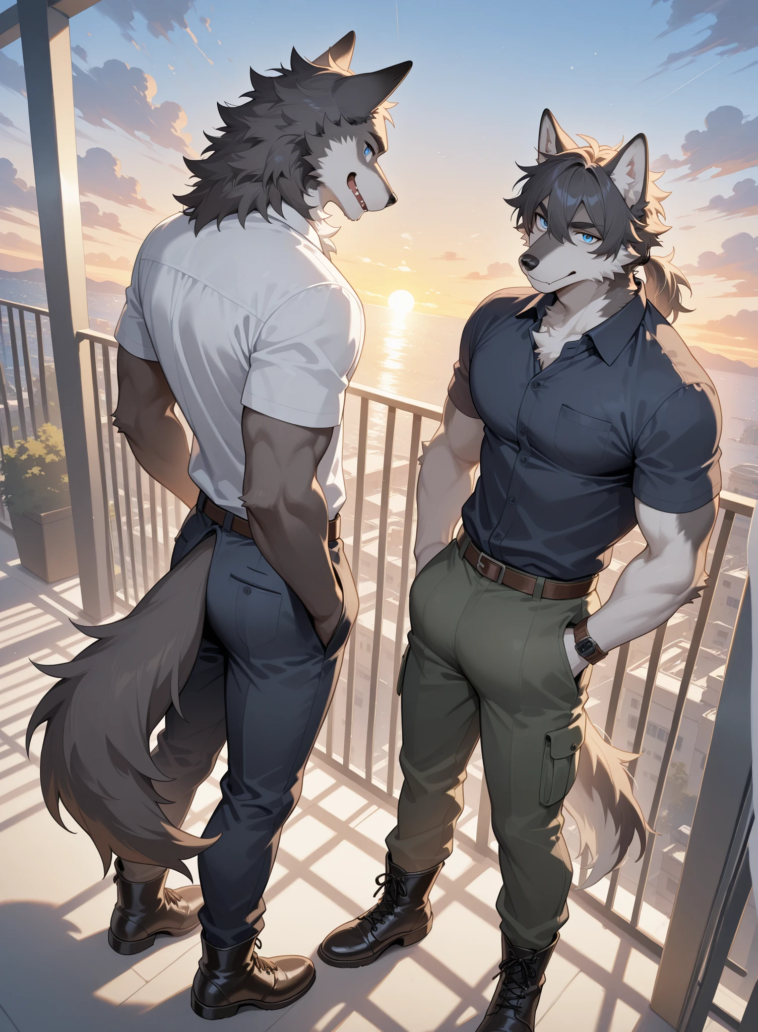 Big Muscle furry black wolf kiss furry white wolf  Wear shirt and trouser , the balcony railing ,Riverside ,city,watch the sunset ,Smiling softly and warmly ,Stand facing the sun  