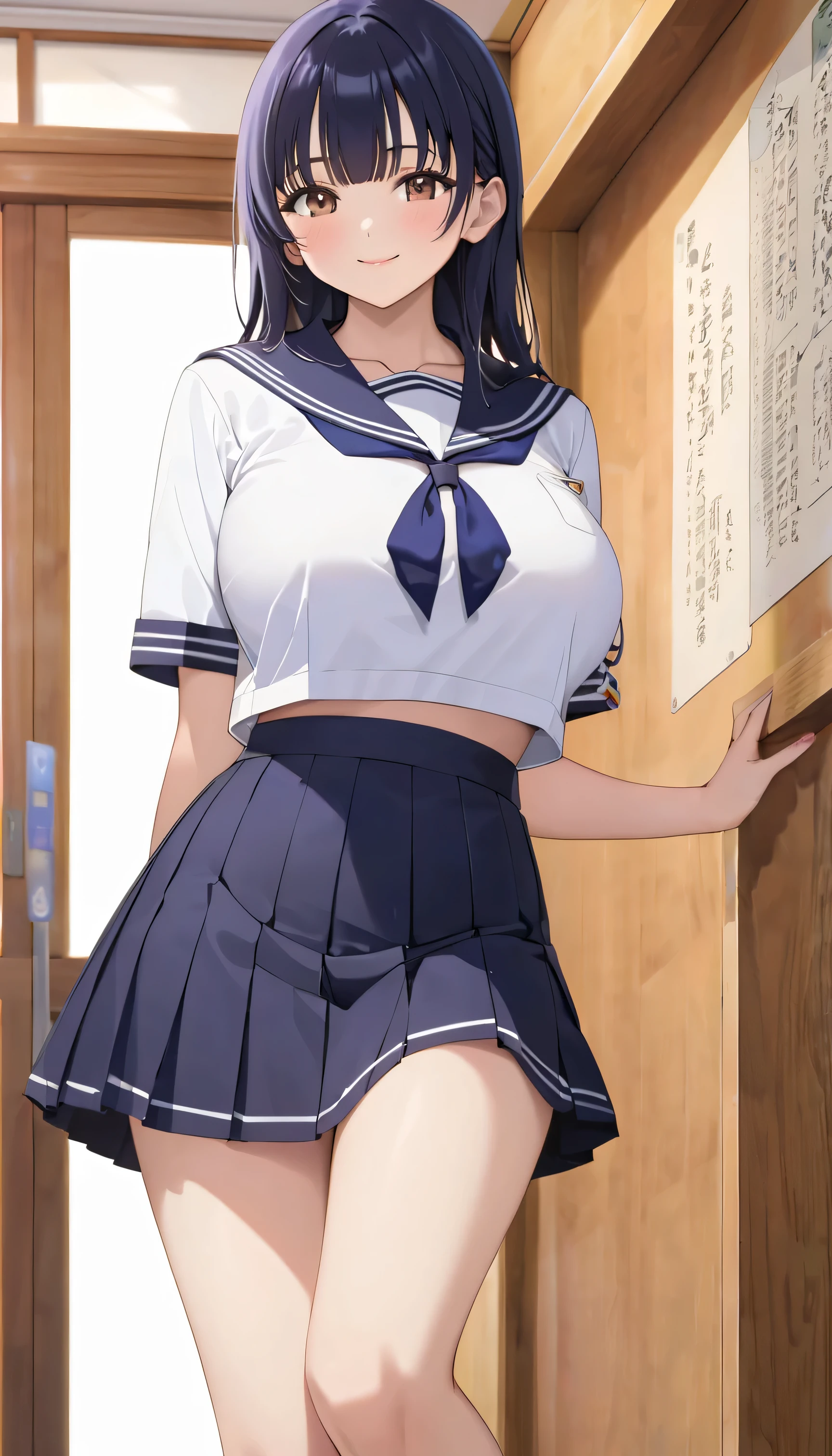 (master piece, best quality, detailed, absurd:1.2), Yamada_Anna, Japanese Woman, high school girl, (Long dark blue hair, Boring bangs), beautiful character design, perfect face, have beautiful eyes with great attention to detail, brown eyes, Smile, (sailor suit,sailor skirt), (垂れた huge breasts:1.1), thin waist, In a classroom where no one else is, orbital space, (full body:1.2), ( from side:1.2)