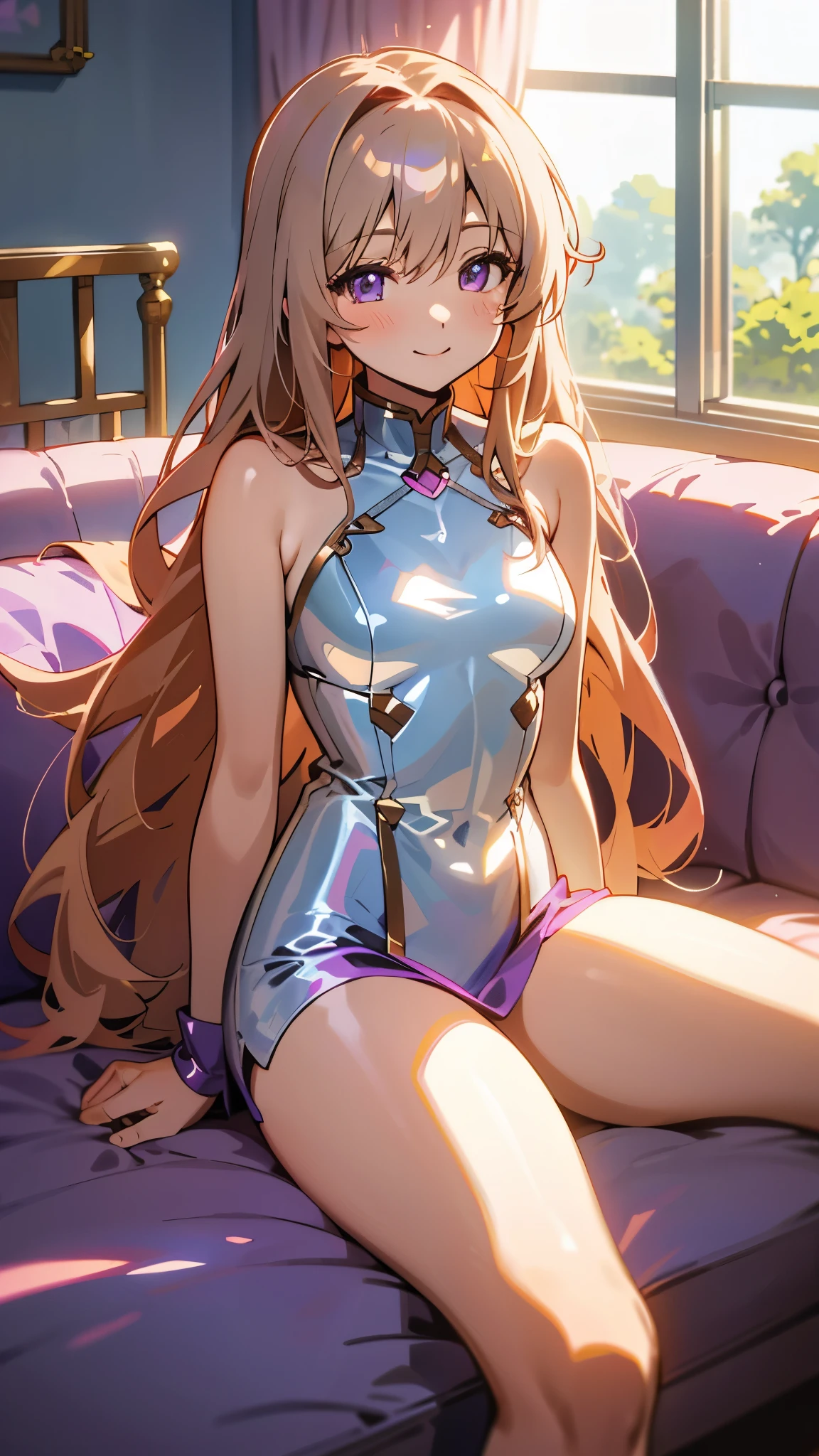 1 girl、anime style、美しい light brown hair、beautiful purple beautiful eyes、long hair、transparent hair、translucent hair、smile、expression of strong pleasure、cowboy shot、Western-style room、sofa、morning、Lens flare、shiny, Glossy skin、Sexy costumes that reveal a lot of skin