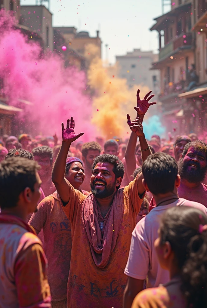 A sexy indian man wearing kurta, holi festival, beautiful background , nsfw, homoerotic , penis , orgy, group sex, handsome face, orgasmic expression 