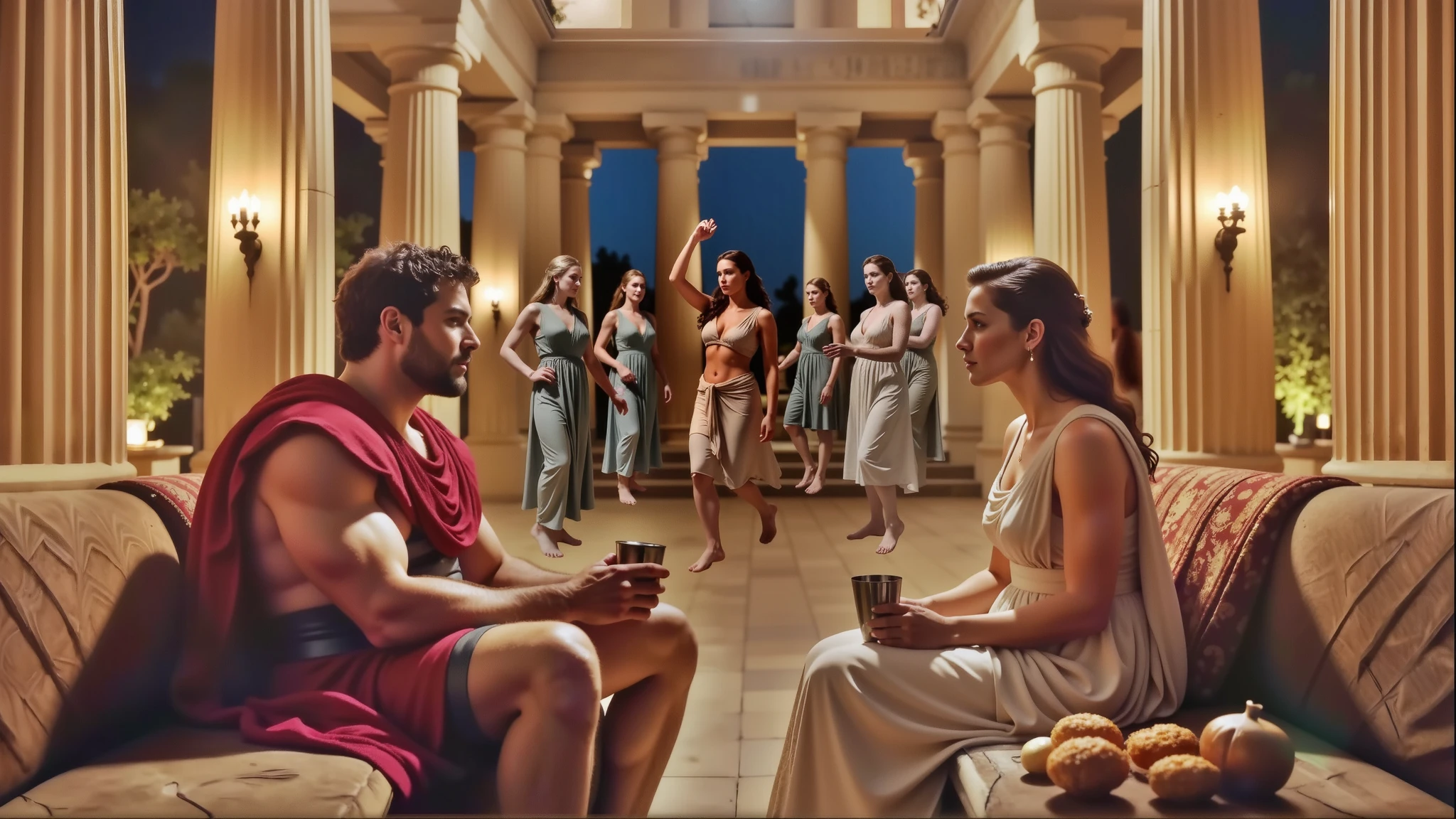 A realistic night scene in the hall of an ancient Greek palace, lit with torches. In the center, Hercules is sitting on a couch talking to Queen Hippolyta. Both are holding silver cups. The image is high definition and ultra-realistic, like a scene from a movie. Perfect hands. At his feet are amphorae of wine and a small table with fruit and baked goods.