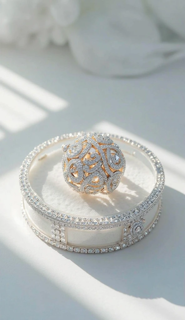 4K high resolution, 8k,masterpiece,Super Detail,realistic like the picture,clear glass white jewelry box, is shining,very beautiful,Delicate carving,Shining Jewels, Extravagant Design ,studio shot,white background,The background shines wonderfully,Lots of fine light、necklaces、ring、 Lots of Gems