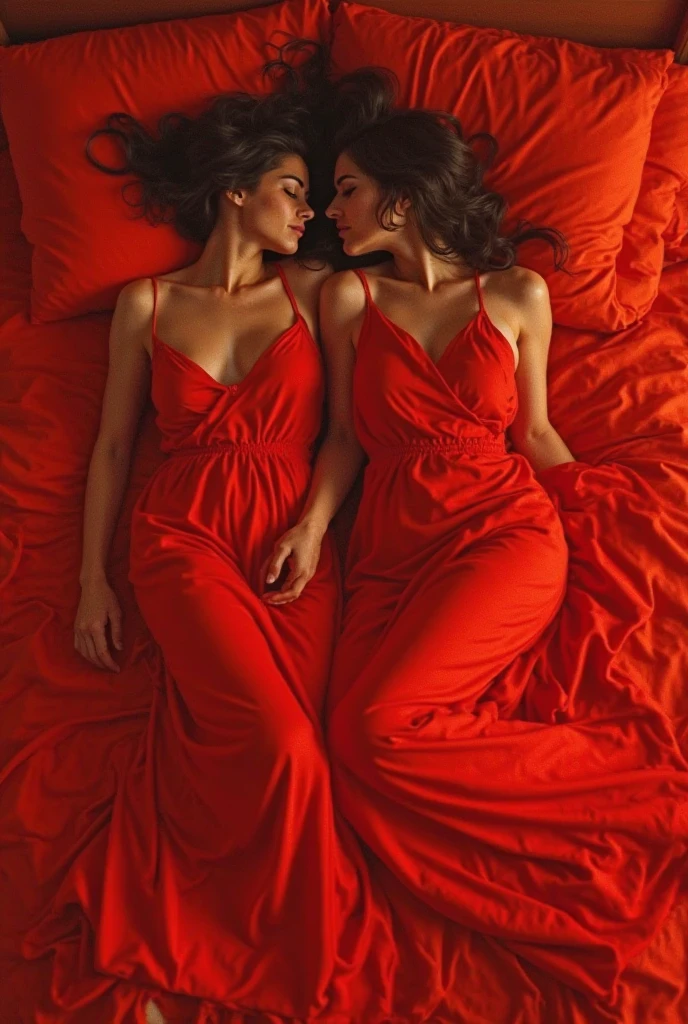Two beautiful naked brown-haired young adult women lying asleep on their backs in a bed, has a gift bow on his head, Their beautiful, curvy bodies are wrapped in red wrapping paper from breasts to toes., They have huge breasts, Her skin is beautiful and white, On the edge of the bed there is a paper that says "happy birthday", The camera shows a view of the girl's entire body, she is barefoot, hyperrealistic quality image, Excellent resolution and high quality, Perfect lighting highlighting the girl's beauty