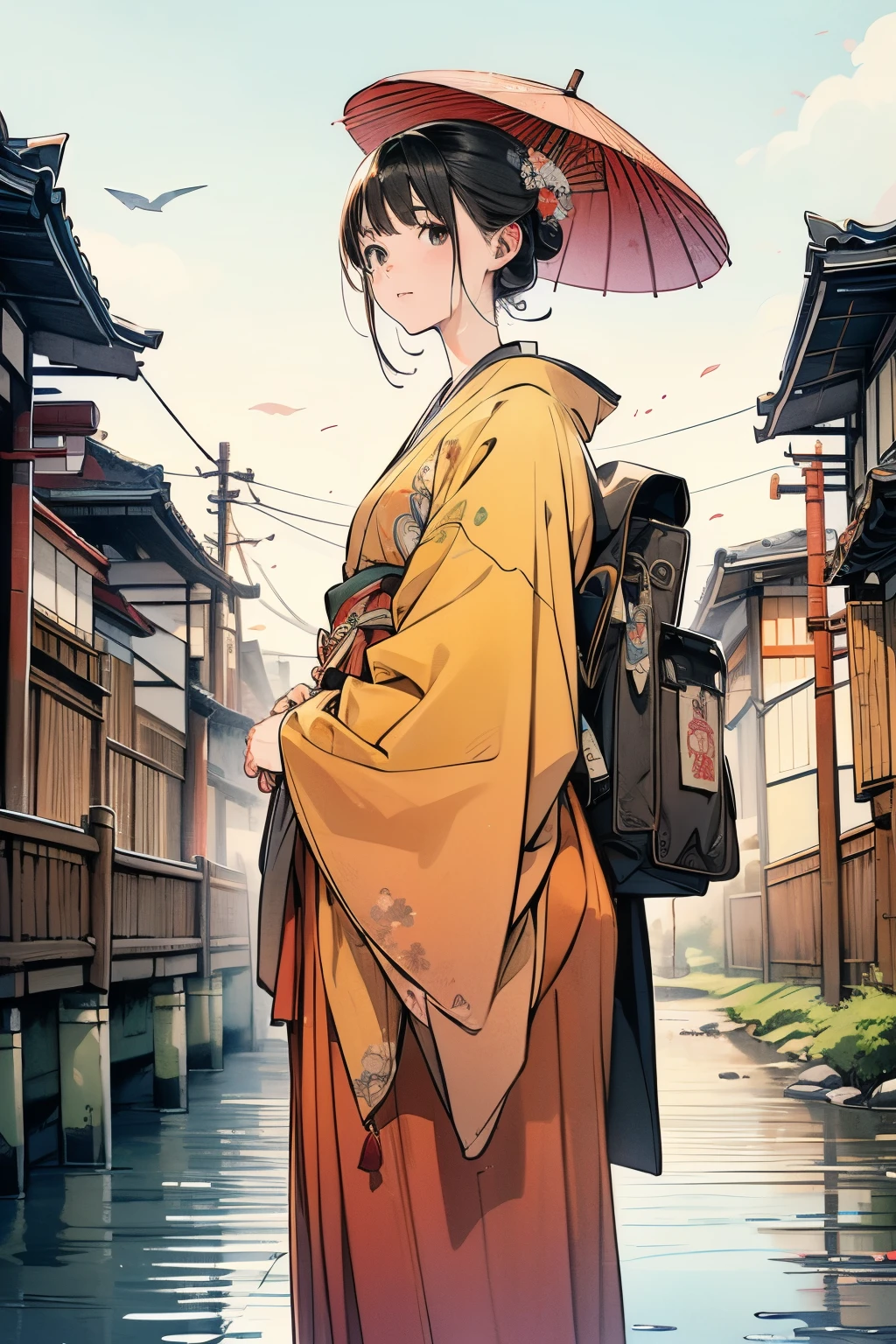 kimono、Black Haori、Japanese style、((masterpiece)),Realistic,4K,Very detailed、landscape、Japan、