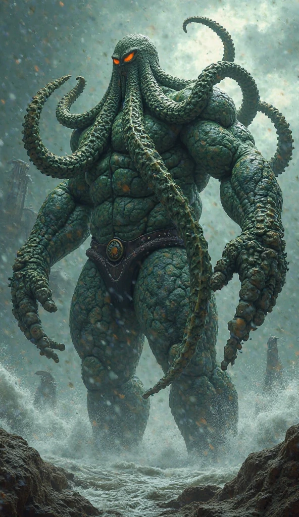 a huge powerful humanoid with green skin, octopus like head with many tentacles, enormous leathery wings rising from the sea, full moon, dark fantasy, cinematic lighting, dramatic colors, highly detailed, 8k, realistic, photorealistic, best quality, masterpiece