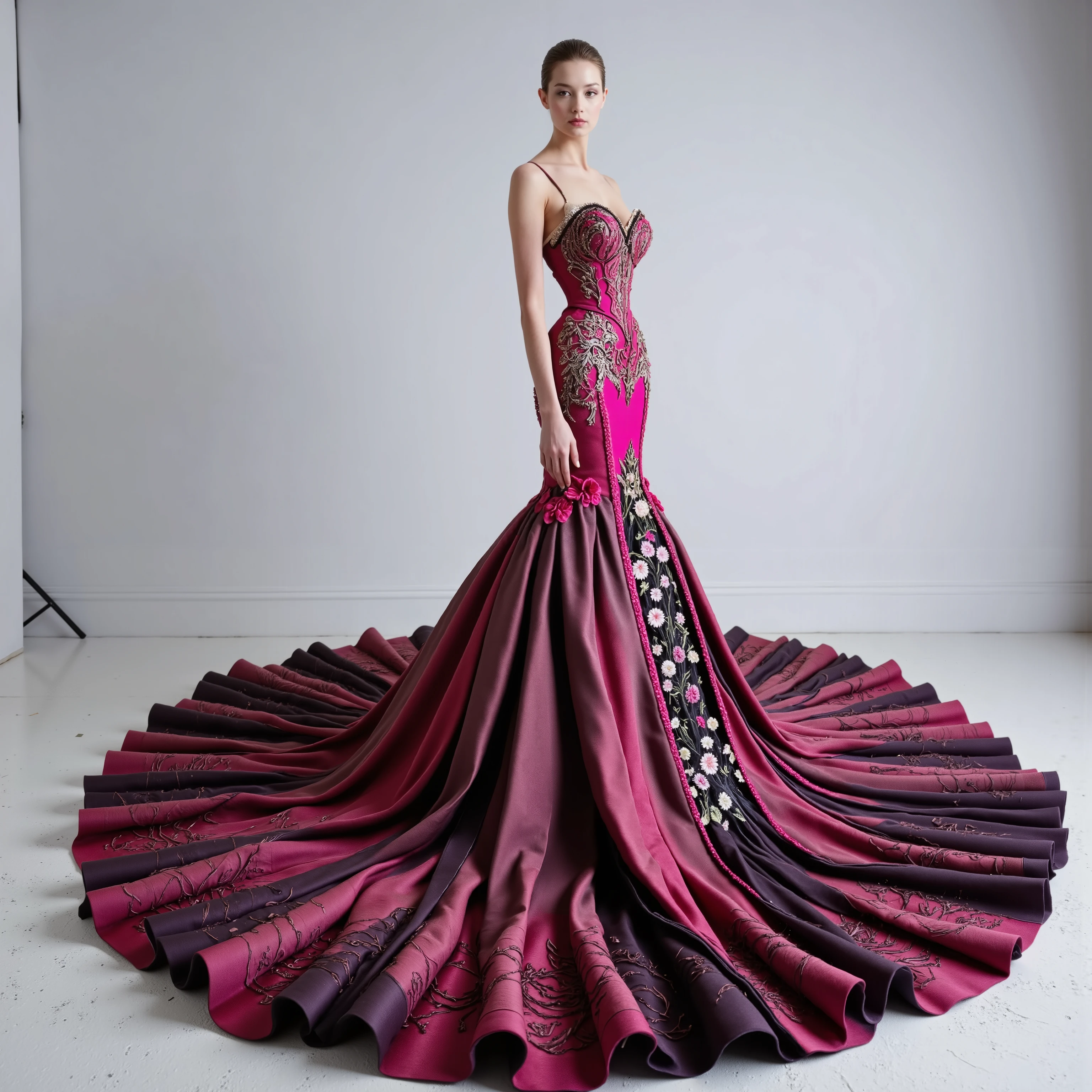  A very light pink silk and satin mermaid style full-length gown with a fitted bodice and a super oversized flared skirt that has giant raised up ruffles at the bottom. This ridiculously tall and oversized gown requires super high platform shoes that will make the wearer 18 to 24 inches taller than usual. The kind of thing only a supermodel, the crazy wealthy, or a crazy celebrity would ever attempt to wear. Very experimental fashion, this gown has sheer puff sleeves adorned with red and black floral appliqués, sweetheart-shaped neckline lace, and hot pink colored sequence adorns the top. Lightweight foam rubber and metal wires are the only things underneath the very oversized light pink,very long, silk and satin skirt, that can lift it and hold it up, so that the wearer can walk and move at all in this unconventional, yet elegant ensemble.The bottom of the long skiropens so that the fabric creates a large circular shape on yhe floor that is several feet in circumference larger than usual with a gown of this style. The extra long skirt has puffed up outter material that hangs down in several layers from mid thigh down to the floor in three or four columns. The dress is made of very light pink satin and silk with some hot pink, red, and black flowers and embroidery patterns of crosses, hearts, etc. The green and pink spotlights cast color on the dress and on the white background. Very dramatic pose. Direct eye contact between the model and the viewer. Asthetically incredible, icon style. Ultra-realistic,photorealistic,cinematic photography,ultra-detailed. Very long hair,Extra Sparkle,cinematic lighting,cinematic portrait,portrait photography,cinematography,full focus,UHDR,startling, Realism,photorealistic,8K,physically-based rendering,  professional,intricate,complex,experimental,avant-garde,unique,innovative,striking,captivating,model facing the camera,eye contact,macro photography, Parted Lips,Makeup,Wide-Eyed,Kubrick Stare,From Above,Best Quality,Masterpiece.