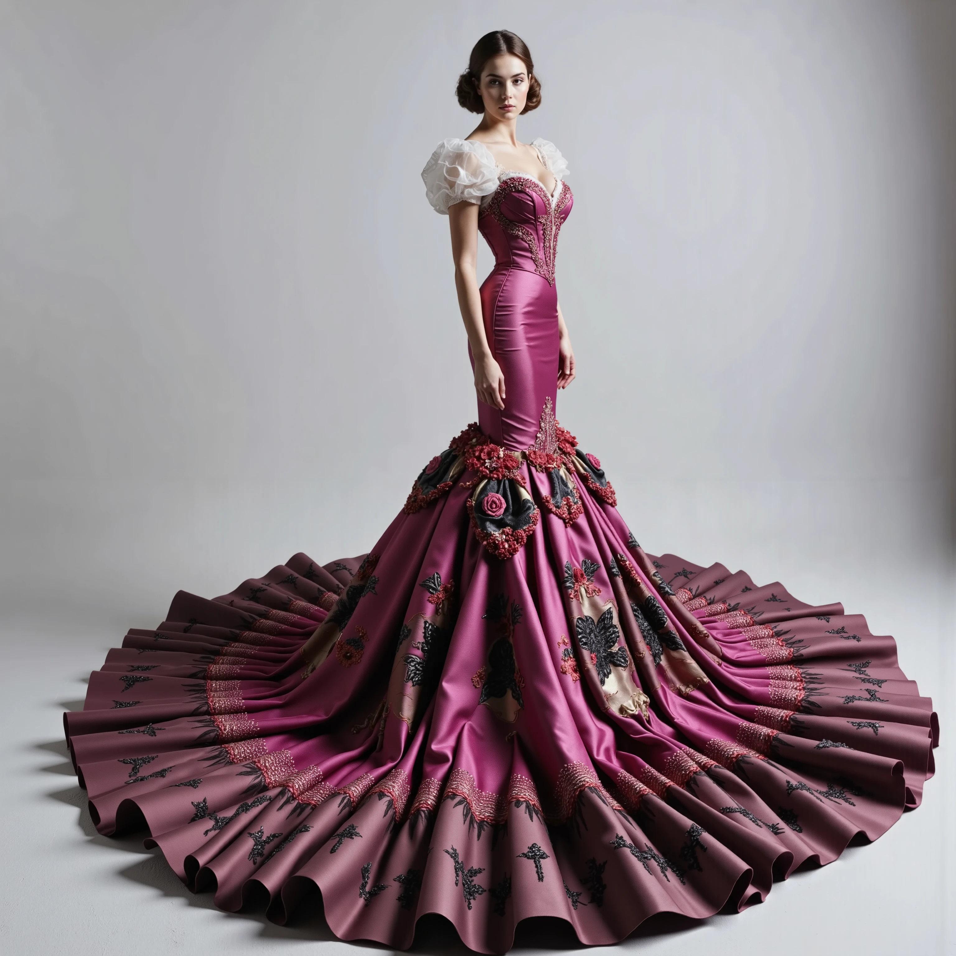 A very light pink silk and satin mermaid style full-length gown with a fitted bodice and a super oversized flared skirt that has giant raised up ruffles at the bottom. This ridiculously tall and oversized gown requires super high platform shoes that will make the wearer 18 to 24 inches taller than usual. The kind of thing only a supermodel, the crazy wealthy, or a crazy celebrity would ever attempt to wear. Very experimental fashion, this gown has sheer puff sleeves adorned with red and black floral appliqués, sweetheart-shaped neckline lace, and hot pink colored sequence adorns the top. Lightweight foam rubber and metal wires are the only things underneath the very oversized light pink,very long, silk and satin skirt, that can lift it and hold it up, so that the wearer can walk and move at all in this unconventional, yet elegant ensemble.The bottom of the long skirt opens so that the fabric creates a large circular shape on the floor that is several feet in circumference larger than usual with a gown of this style. The extra long skirt has puffed up outter material that hangs down in several layers from mid thigh down to the floor in three or four rows or bunched up columns. The dress is made of very light pink satin and silk with some hot pink, red, and black flowers and embroidery patterns of crosses, hearts, etc. The green and pink spotlights cast color on the dress and on the white background. Very dramatic pose. Direct eye contact between the model and the viewer. Asthetically incredible, icon style. Ultra-realistic,photorealistic,cinematic photography,ultra-detailed.Extra Sparkle,cinematic lighting,cinematic portrait,portrait photography,cinematography,full focus,UHDR,startling, Realism,photorealistic,8K,physically-based rendering, professional,intricate,complex,experimental,avant-garde,unique,innovative,striking,captivating,model facing the camera,eye contact,macro photography, Parted Lips,Makeup,Wide-Eyed,Kubrick Stare,From Above,Best Quality,Masterpiece.