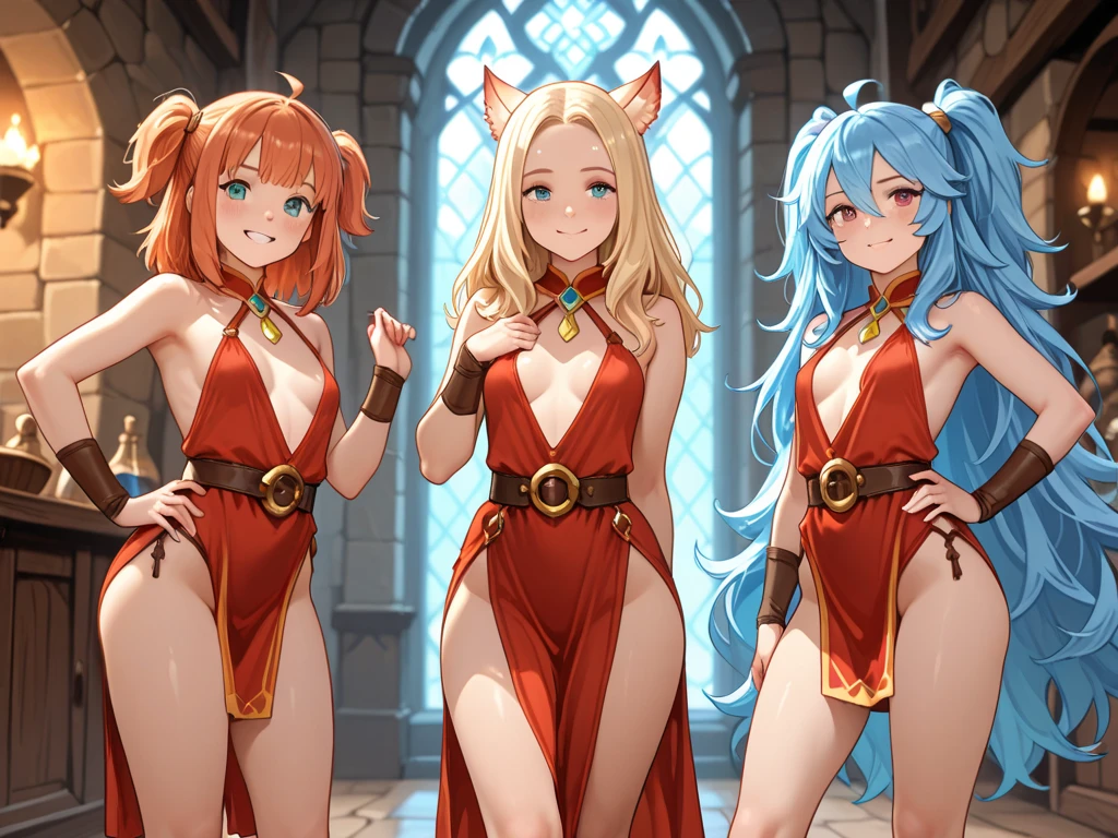 Red hair, NSFW, breast, wide hips, knee high socks, bikini armor, pony tail, thong, collar, wolf ears, cute, blue eyes, duo, two woman, cute, female with blue hair, female with red hair, plains, flowers, softly colors, smiling, smile, happy, female with yellow hair