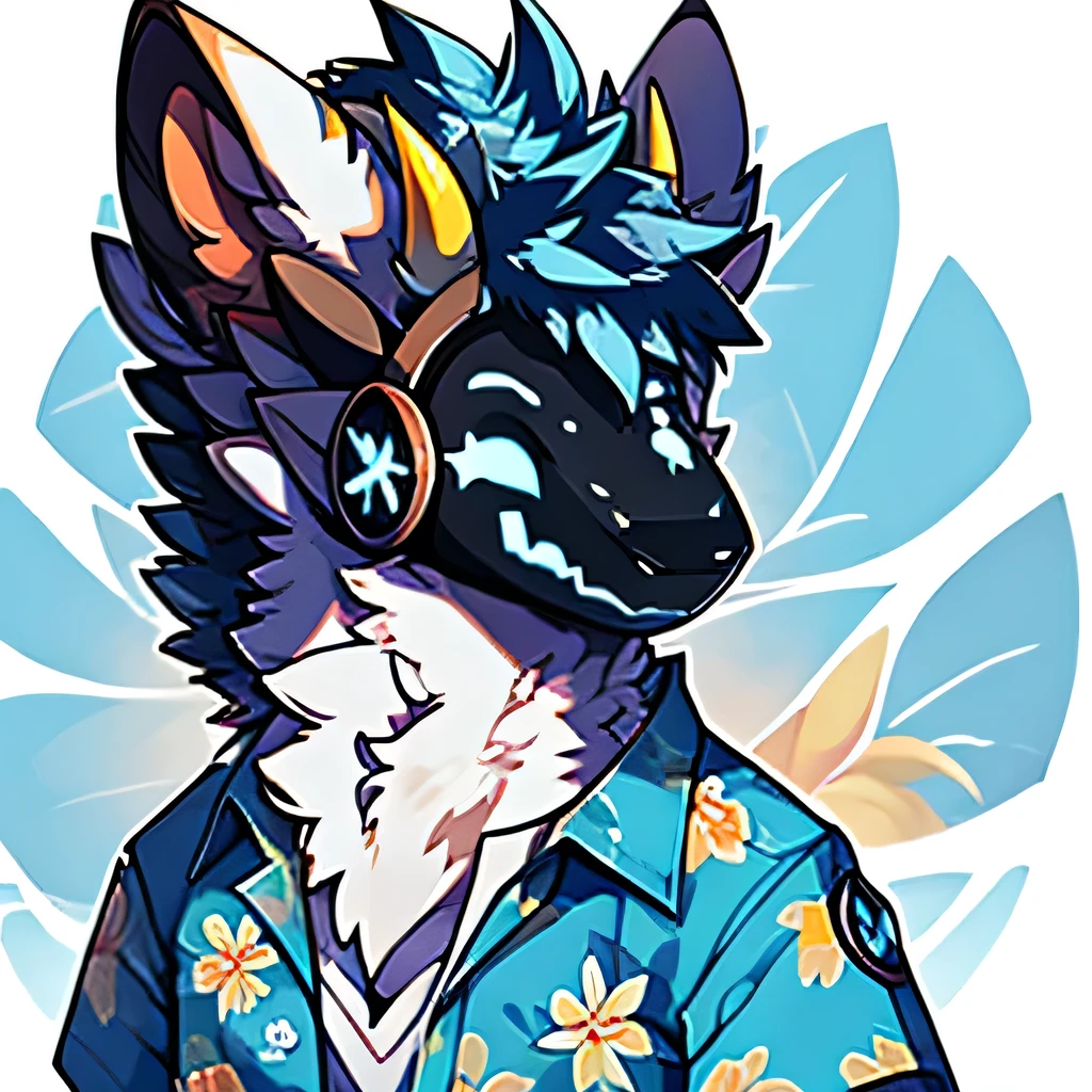 Protogen, protogen furry, fluffy, lots of fur, white fur, **horns**, goat horns, **jewelry**, **jeweled horns**, Hawaiian shirt, blue Hawaiian shirt, blue shirt, aloha shirt